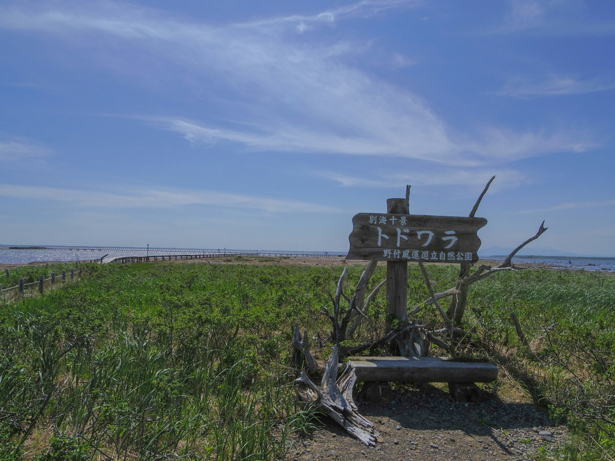 wooden sign and bench on a grassy seaside