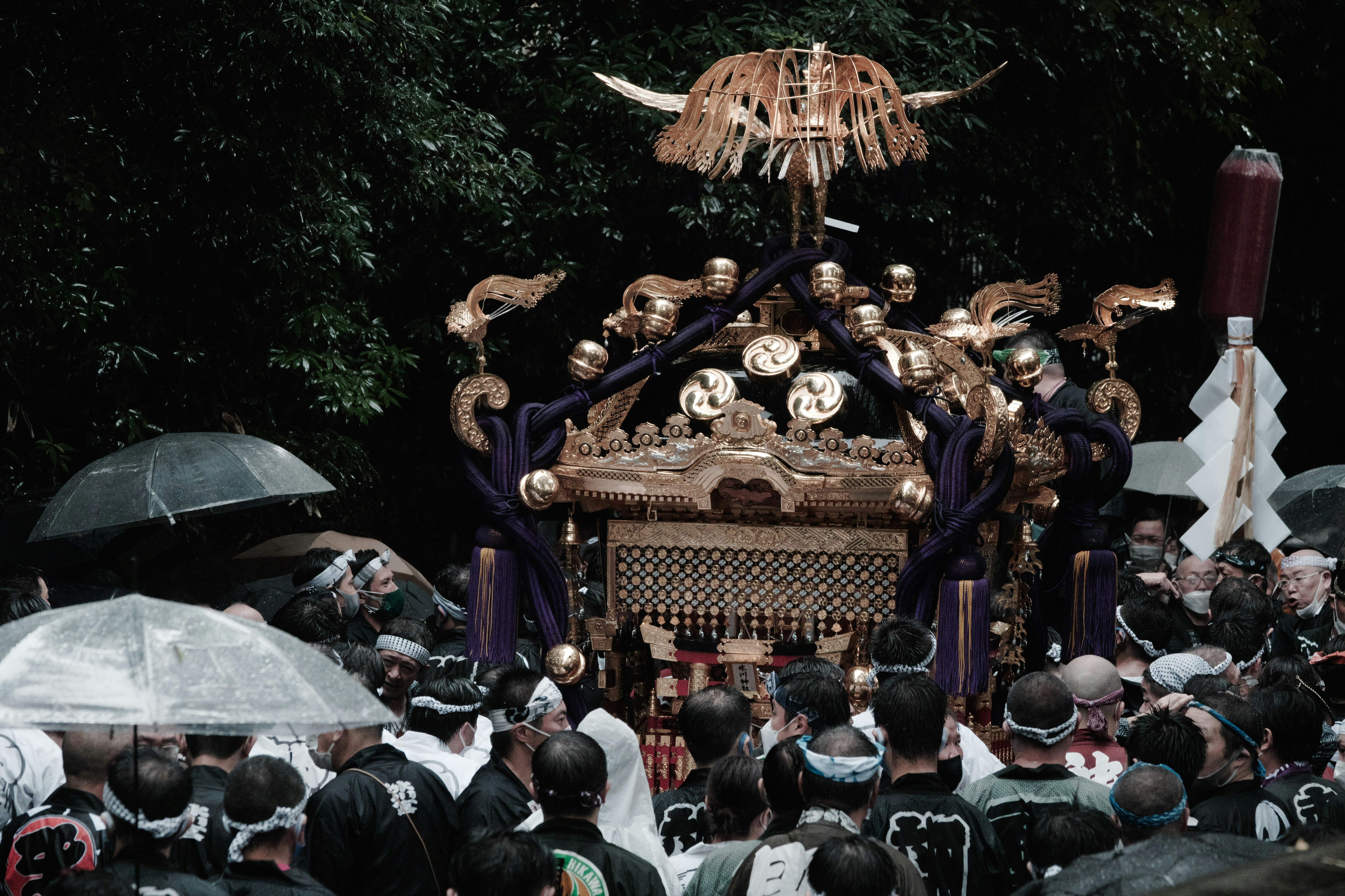 Festival procession with a portable shrine carried by people in the rain