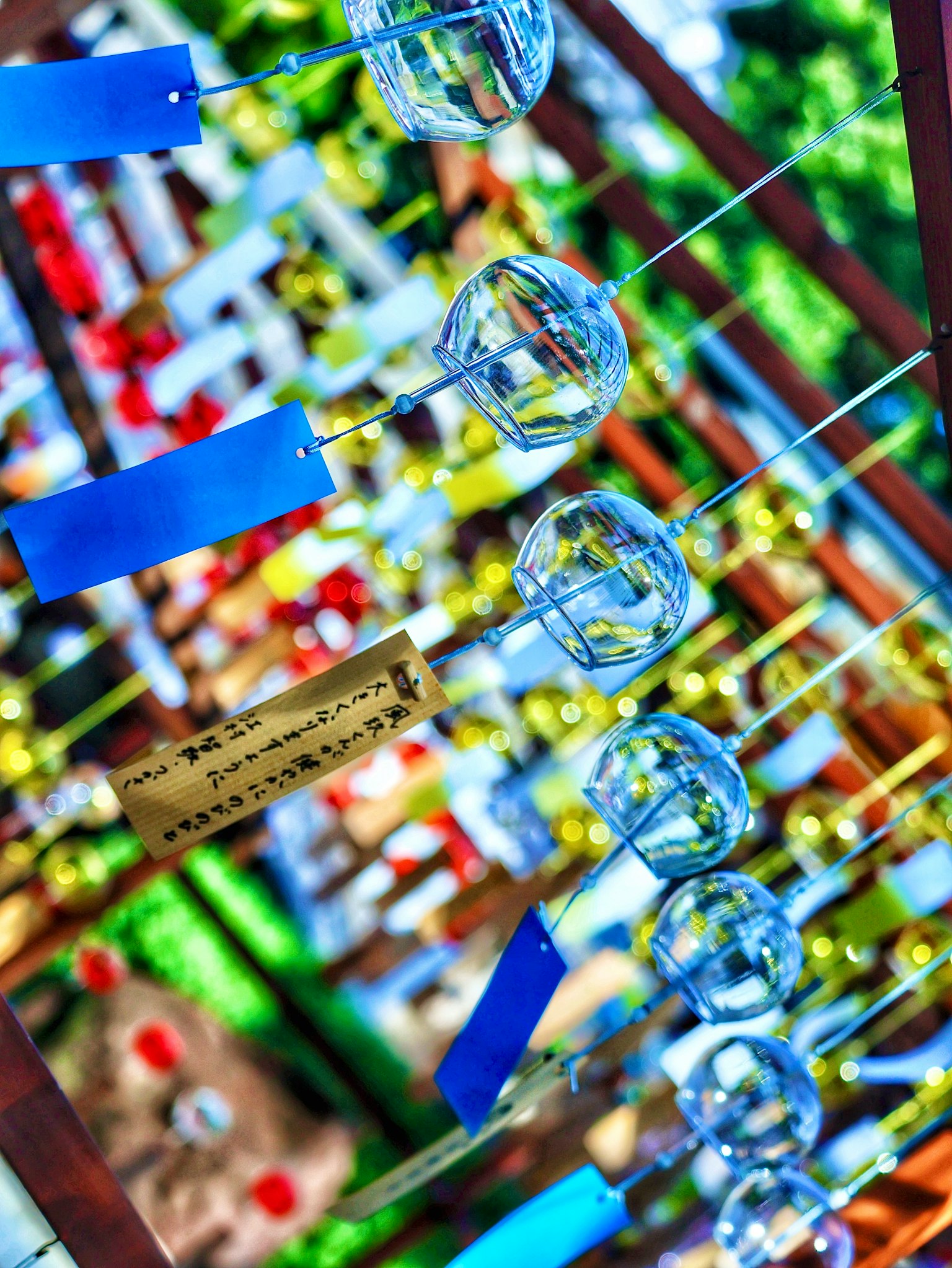 Colorful wind chimes hanging in a vibrant display featuring clear glass chimes and blue strips