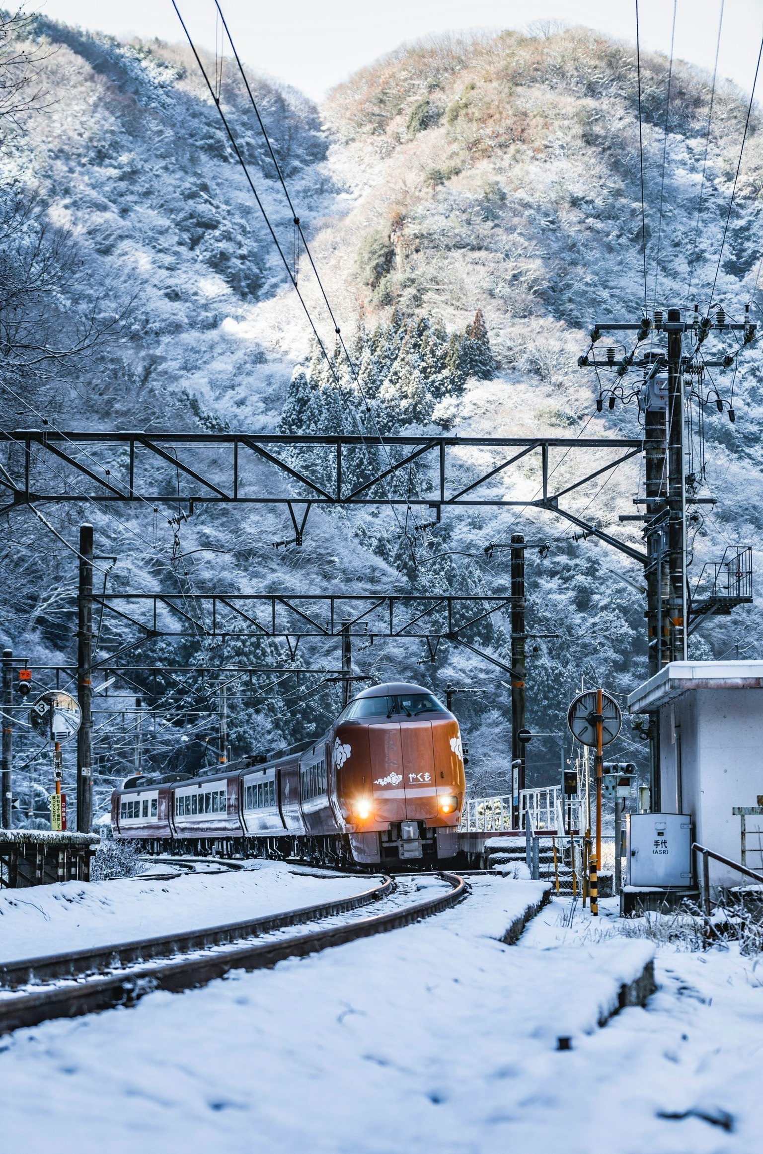 Treno rosso che attraversa montagne innevate