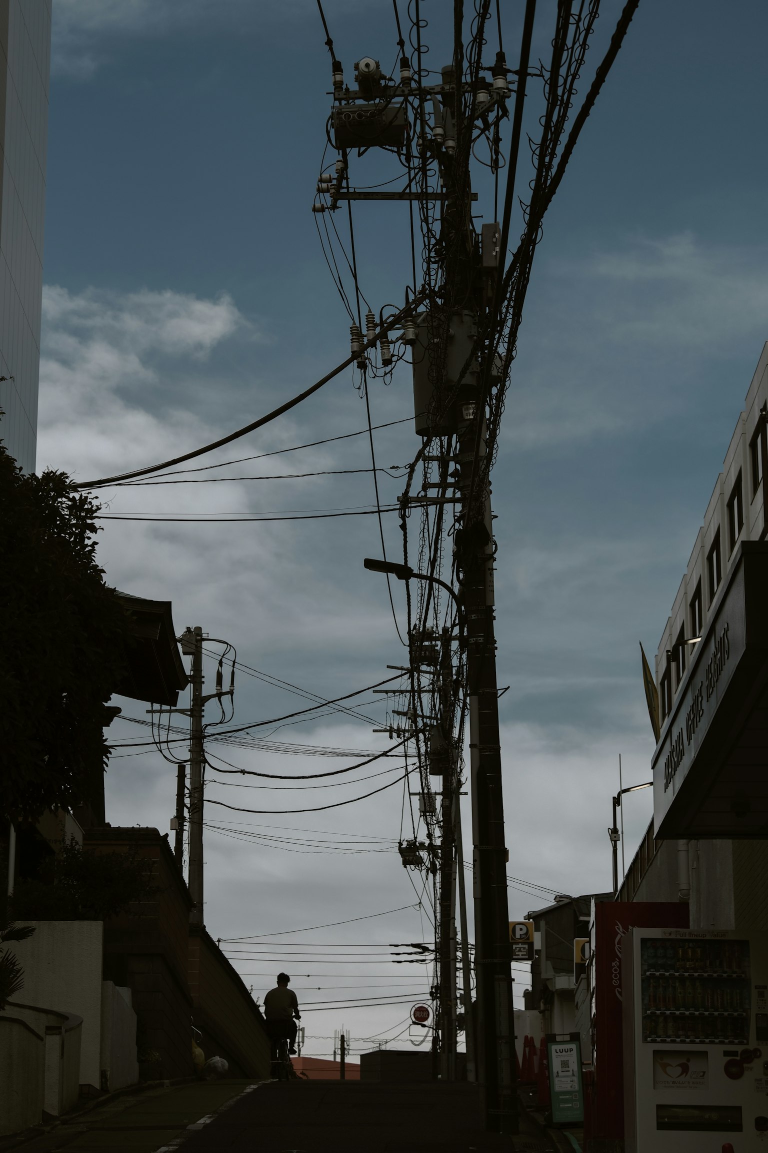 城市环境中黑暗天空下的电线杆和电缆轮廓