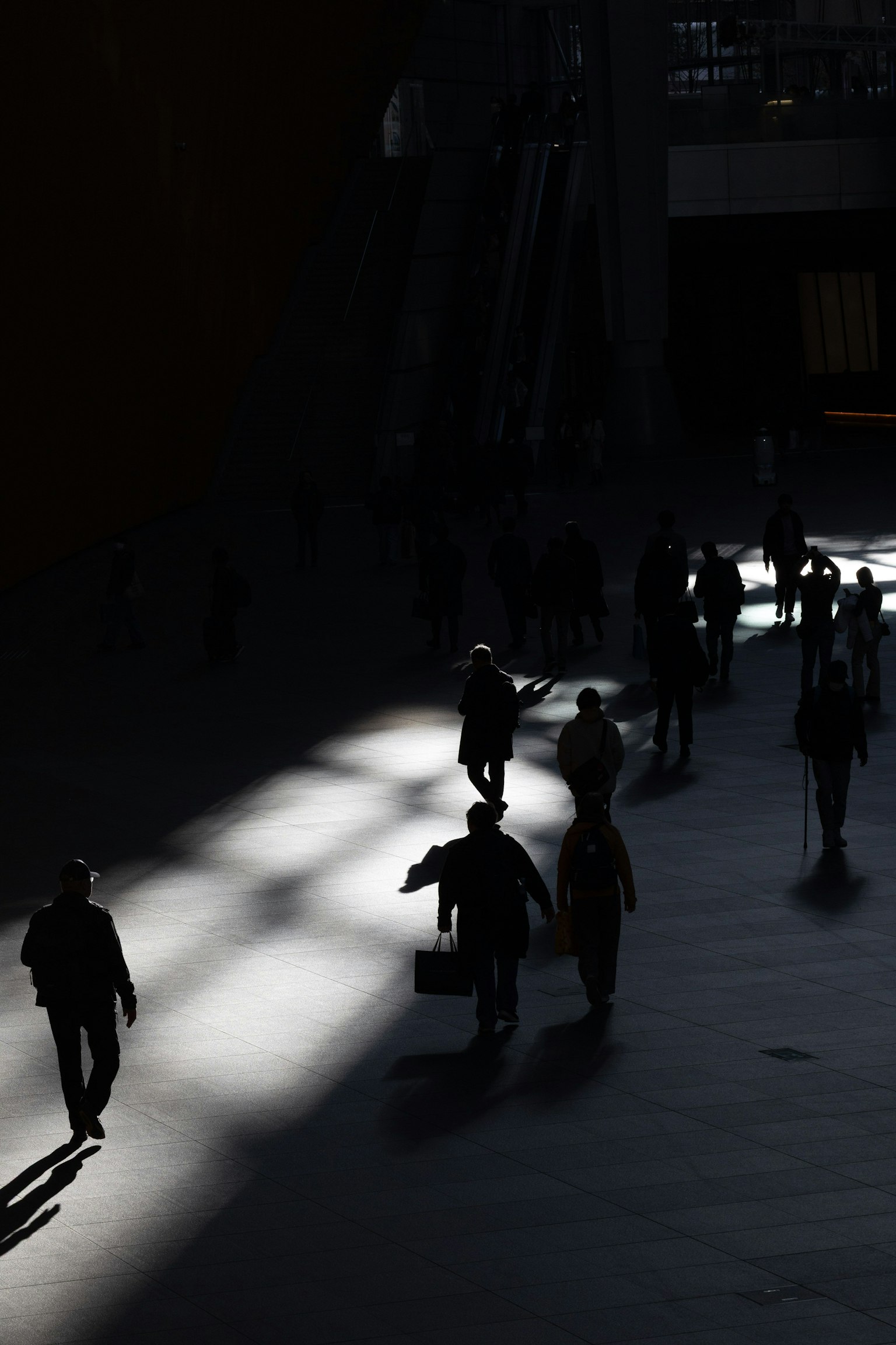 Silhouettes of people walking through a space with dramatic light and shadows