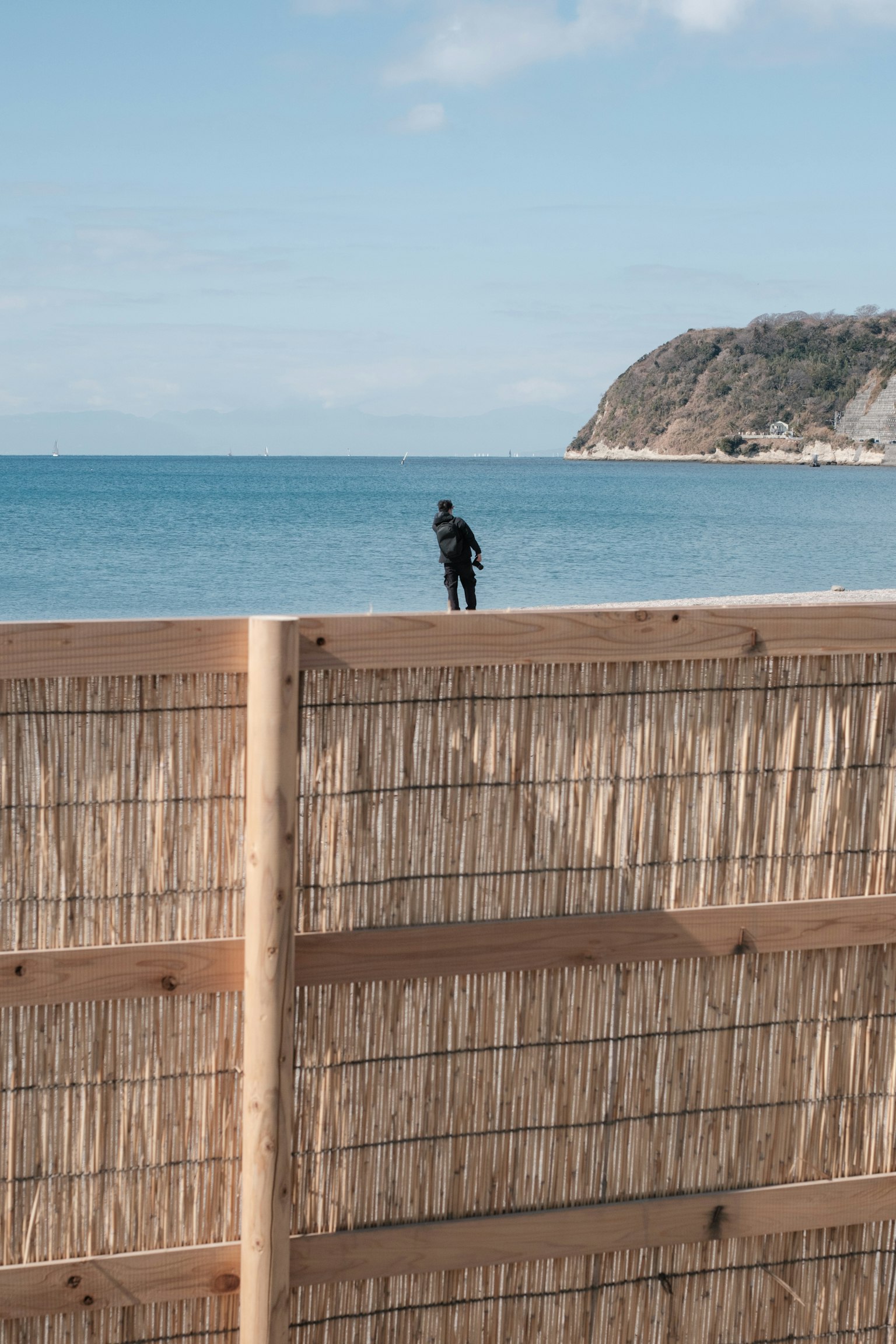 Una persona de pie junto al mar con una cerca de bambú en primer plano
