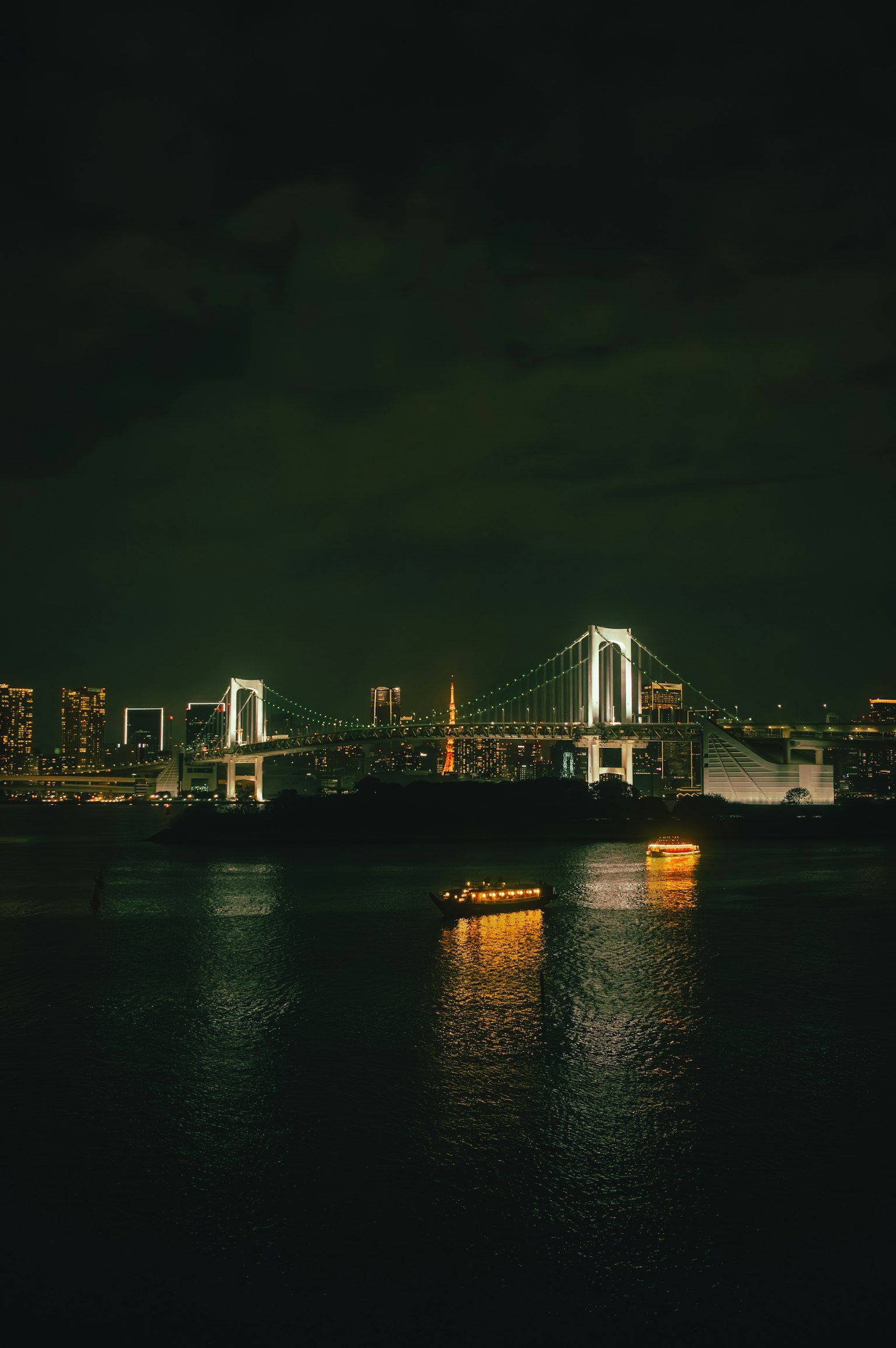 夜のレインボーブリッジと東京の夜景が映る水面