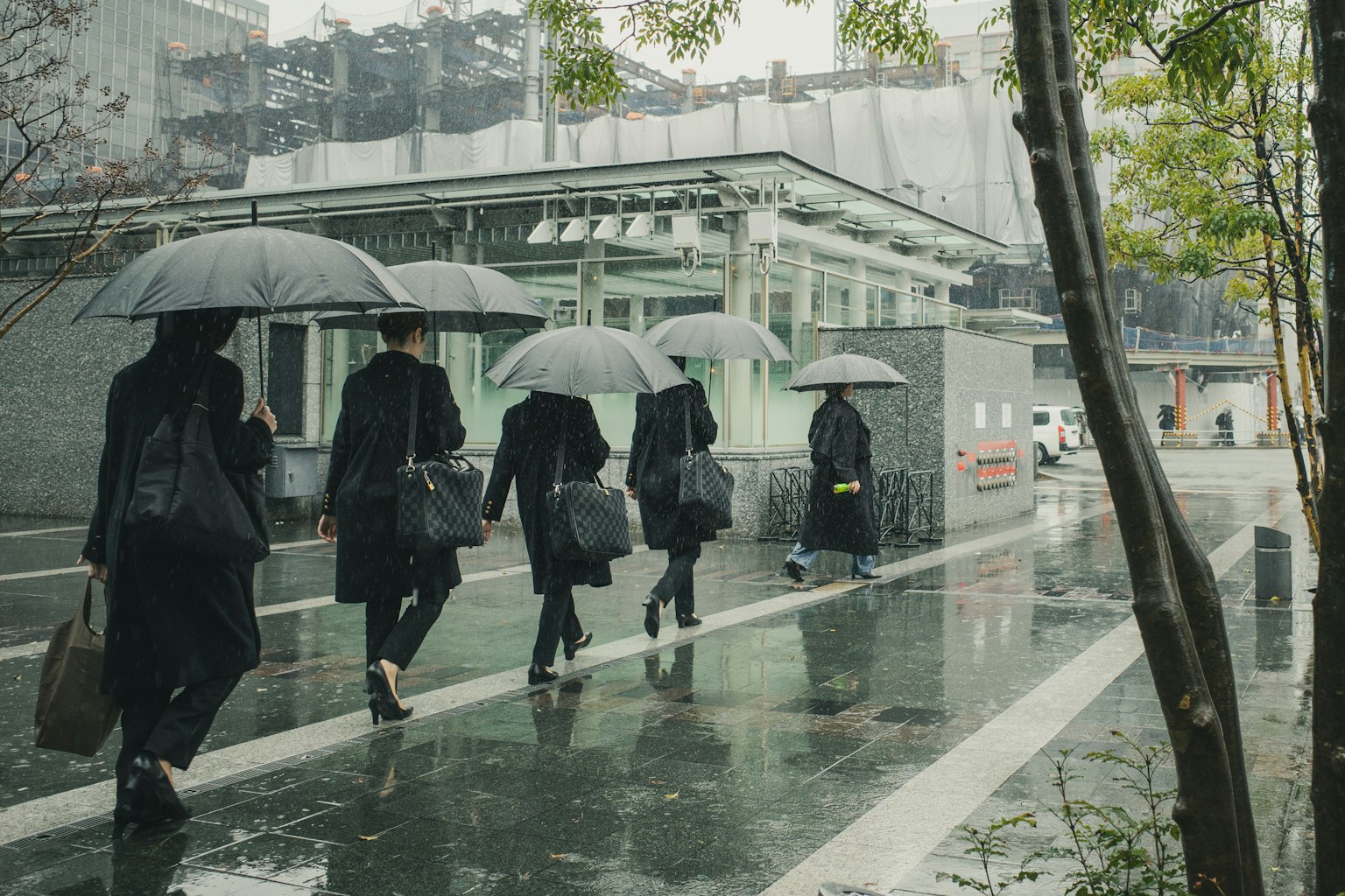 Raggruppamento di professionisti che camminano sotto la pioggia con ombrelli ambiente urbano