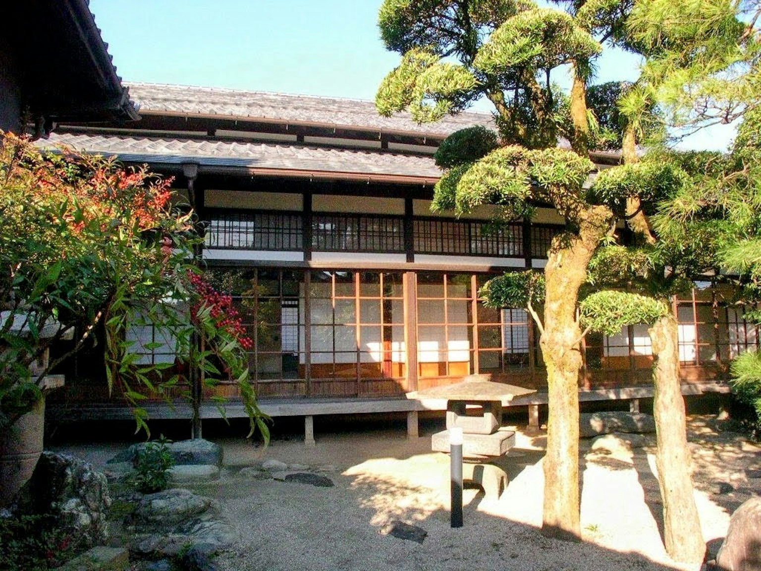 传统日本房屋与花园景观包含松树和花卉