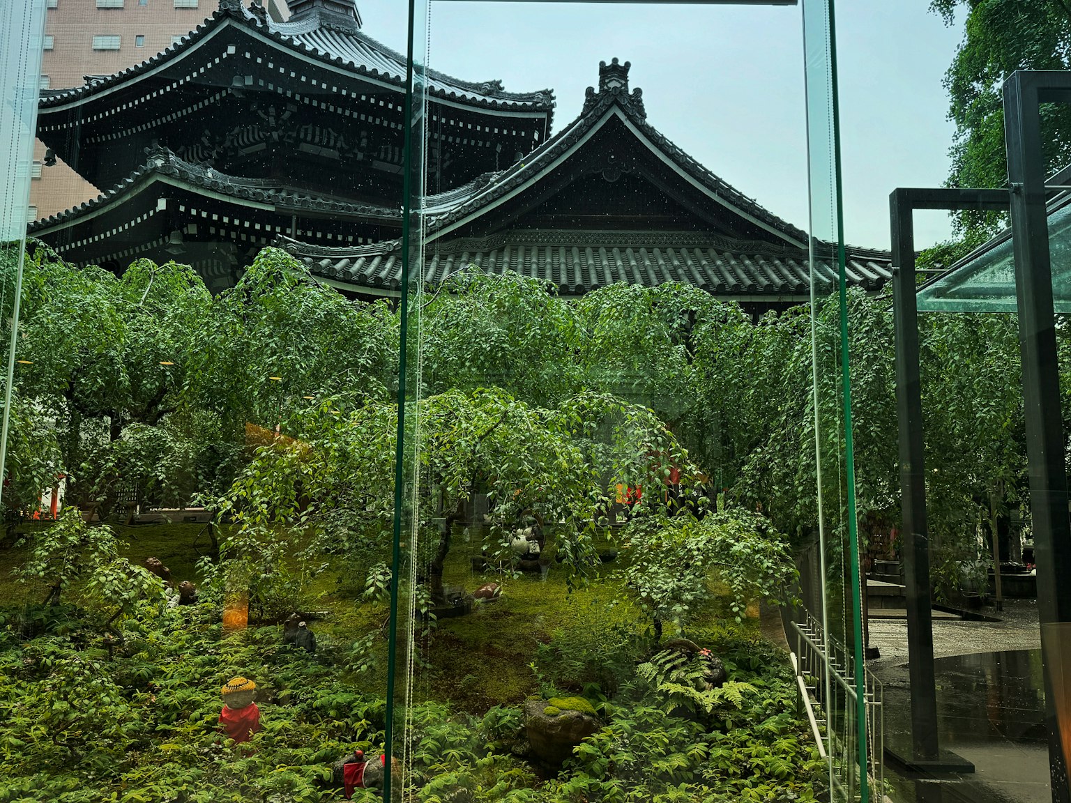 透过玻璃可见的美丽日本花园和传统屋顶建筑