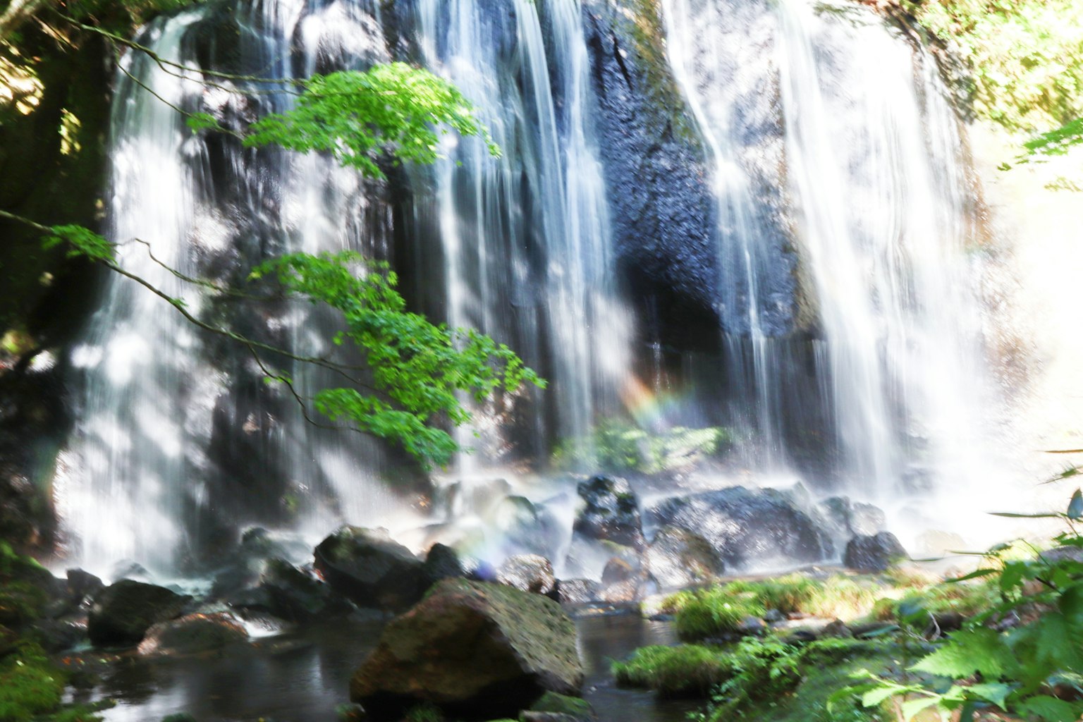 Una bella cascata circondata da vegetazione con nebbia e un arcobaleno visibile