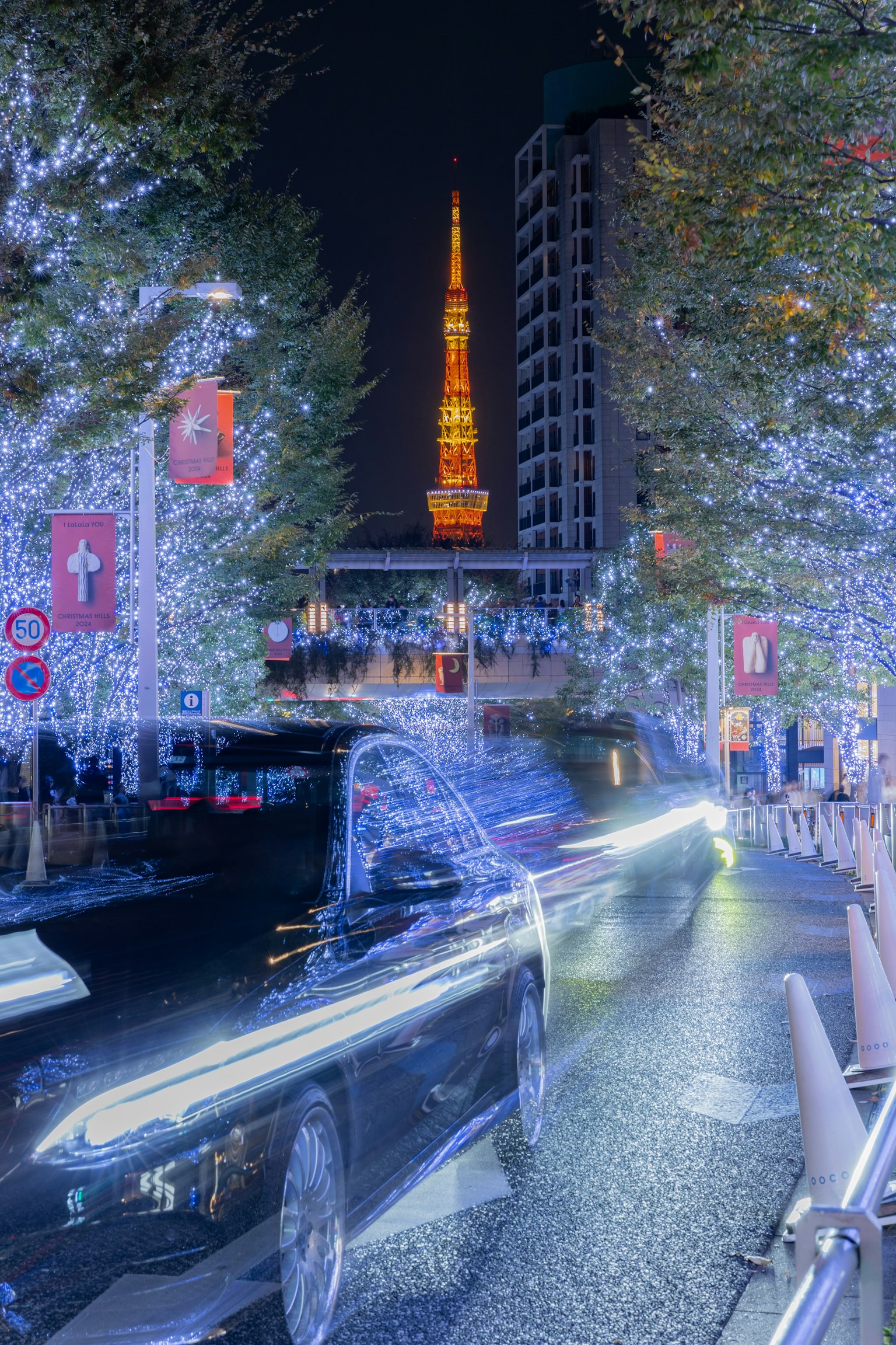 夜景中的东京塔和街道两旁的灯光树木