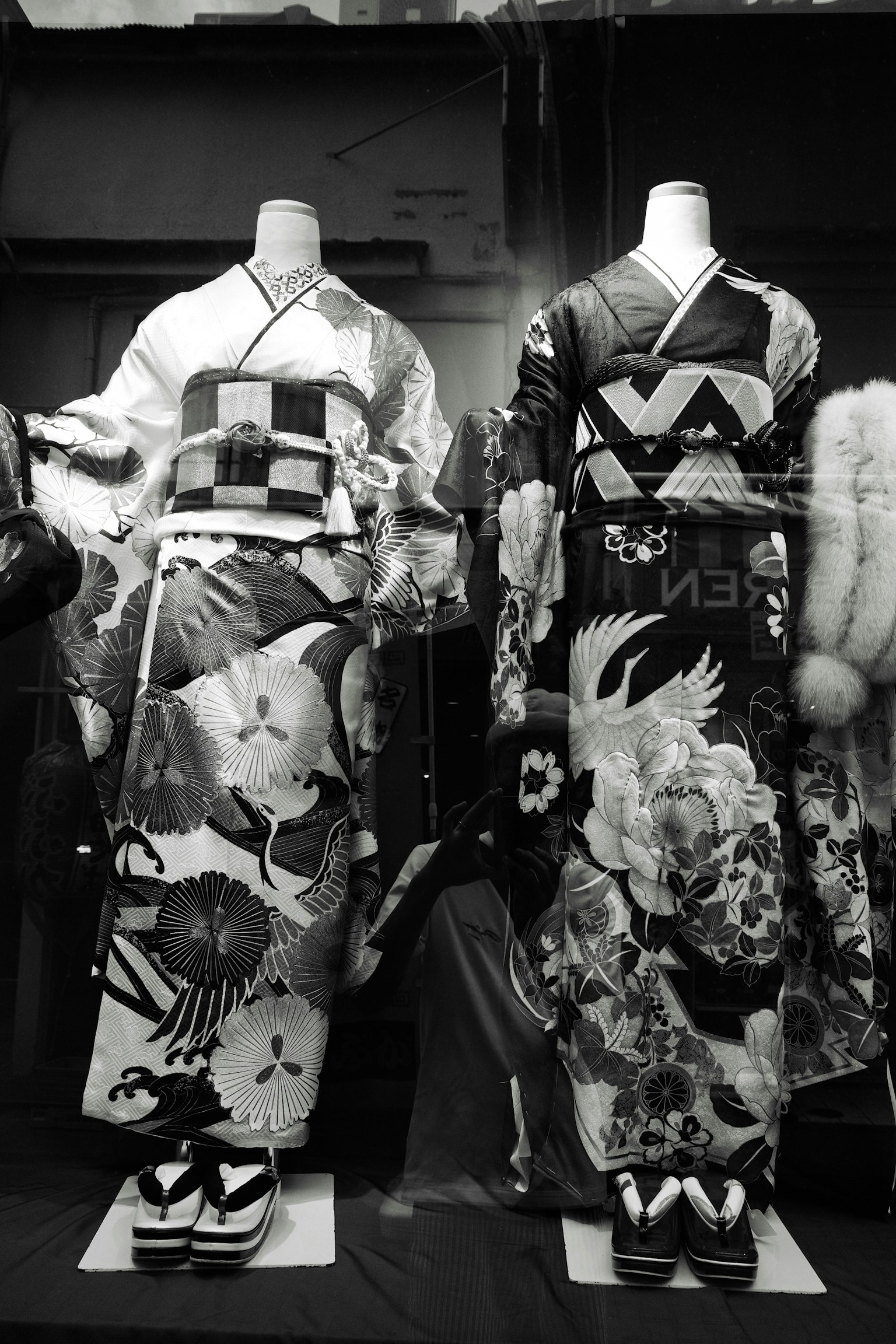 Hai bộ kimono được trưng bày cạnh nhau trong hình ảnh đen trắng với họa tiết hoa và chim nhiều màu sắc