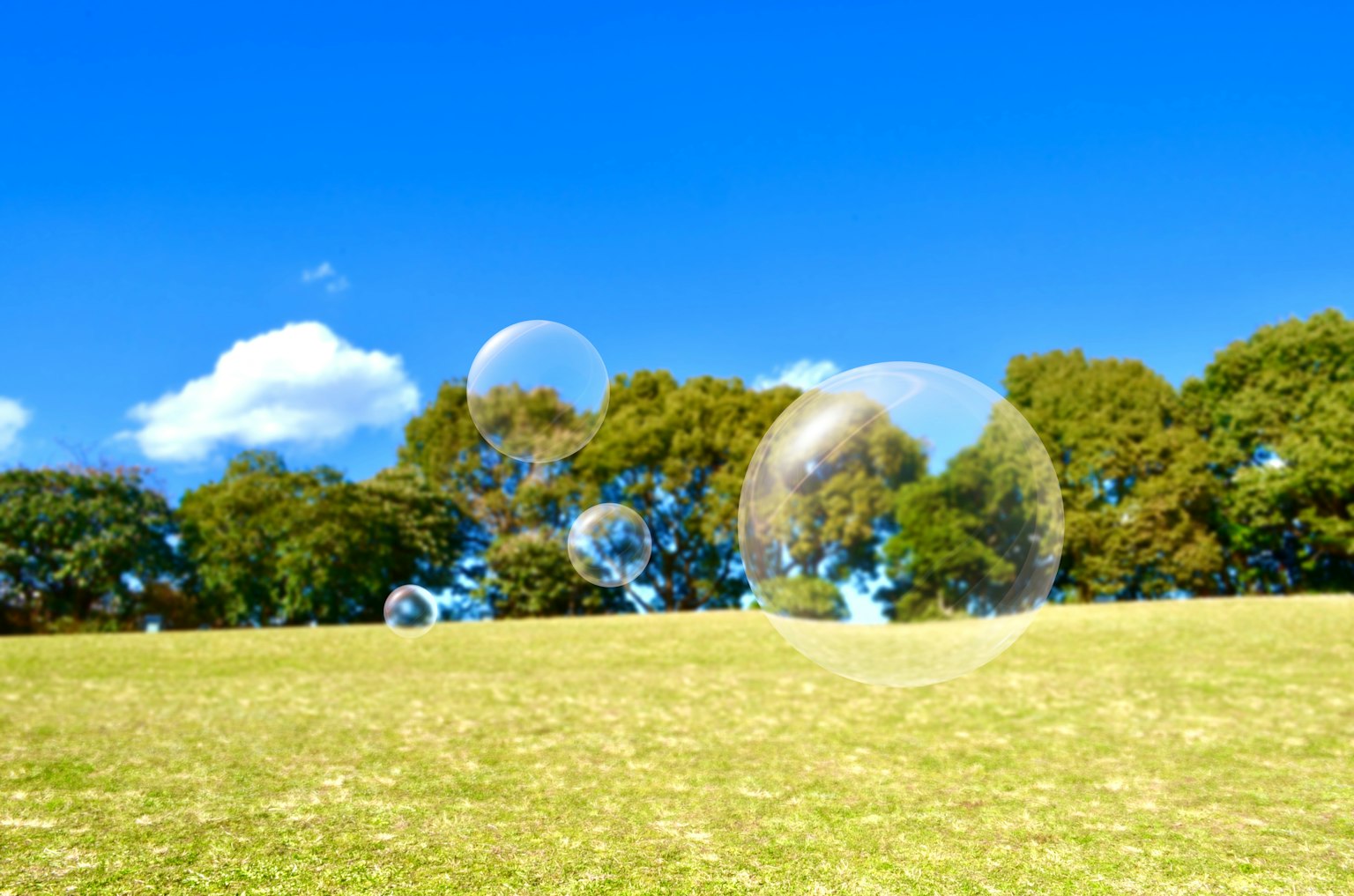 Large soap bubbles floating over a grassy field under a blue sky
