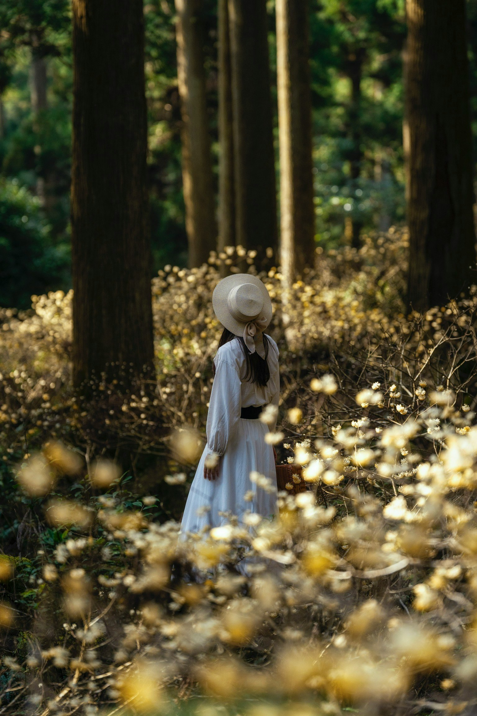 Una donna in abito bianco che si gira in una foresta circondata da fiori