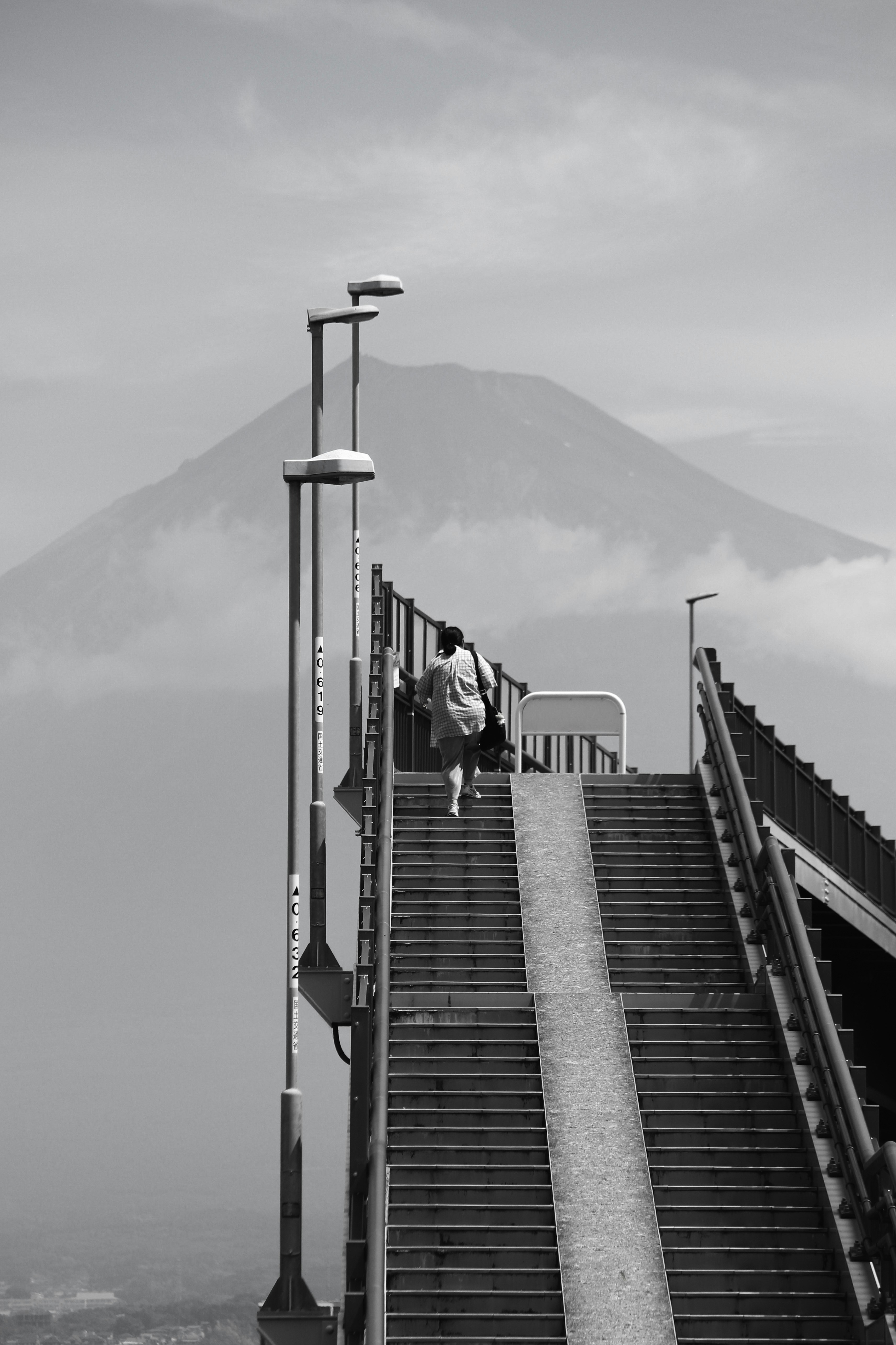 富士山を背景に階段を登る人