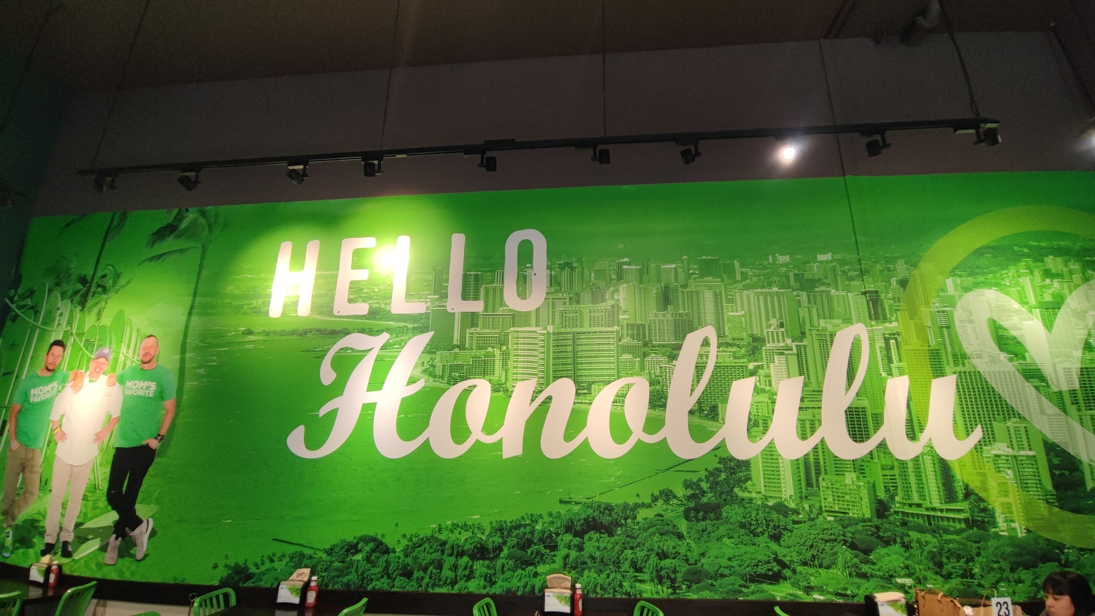 Grüner Hintergrund mit der Botschaft 'HELLO Honolulu' und Menschen