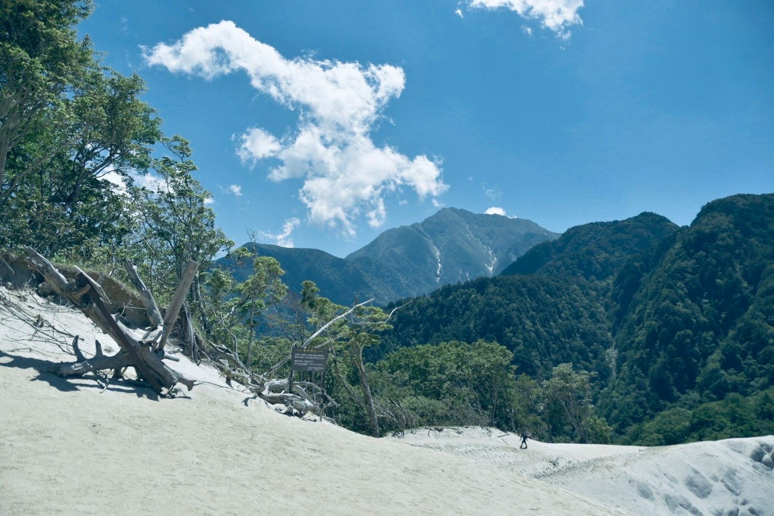 Landscape featuring mountains under a blue sky with clouds and sandy ground