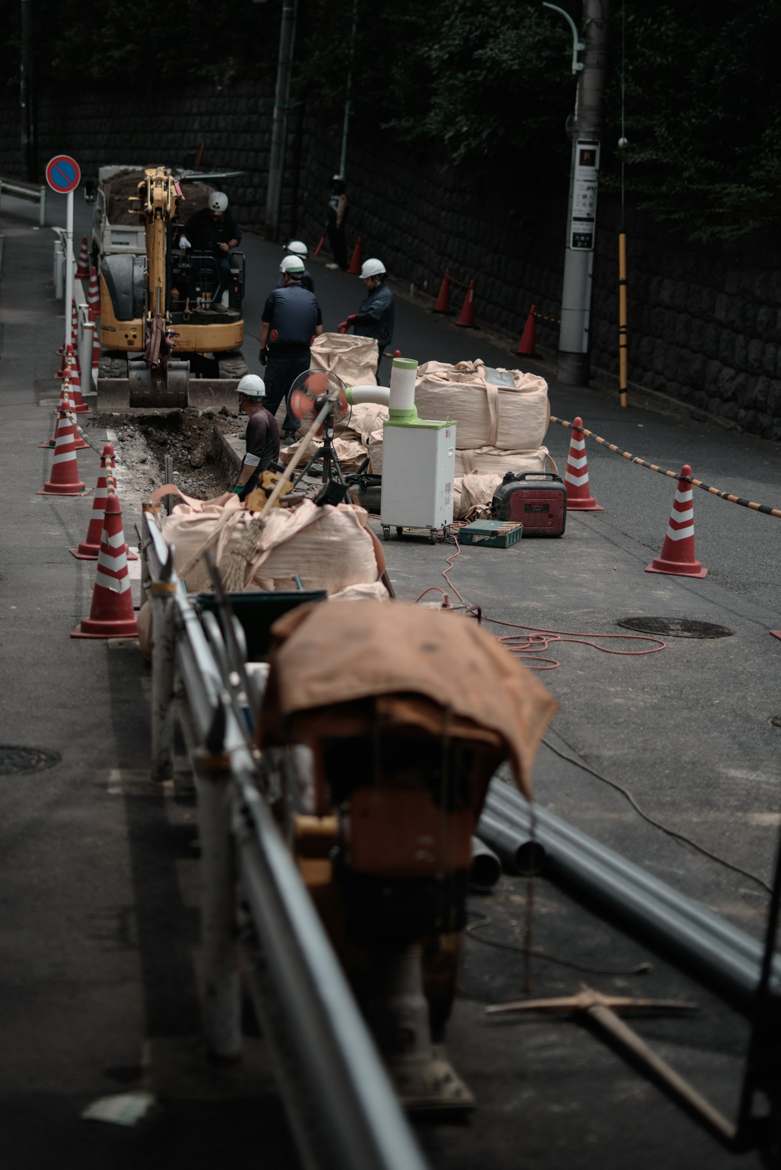 Construction site with workers and machinery