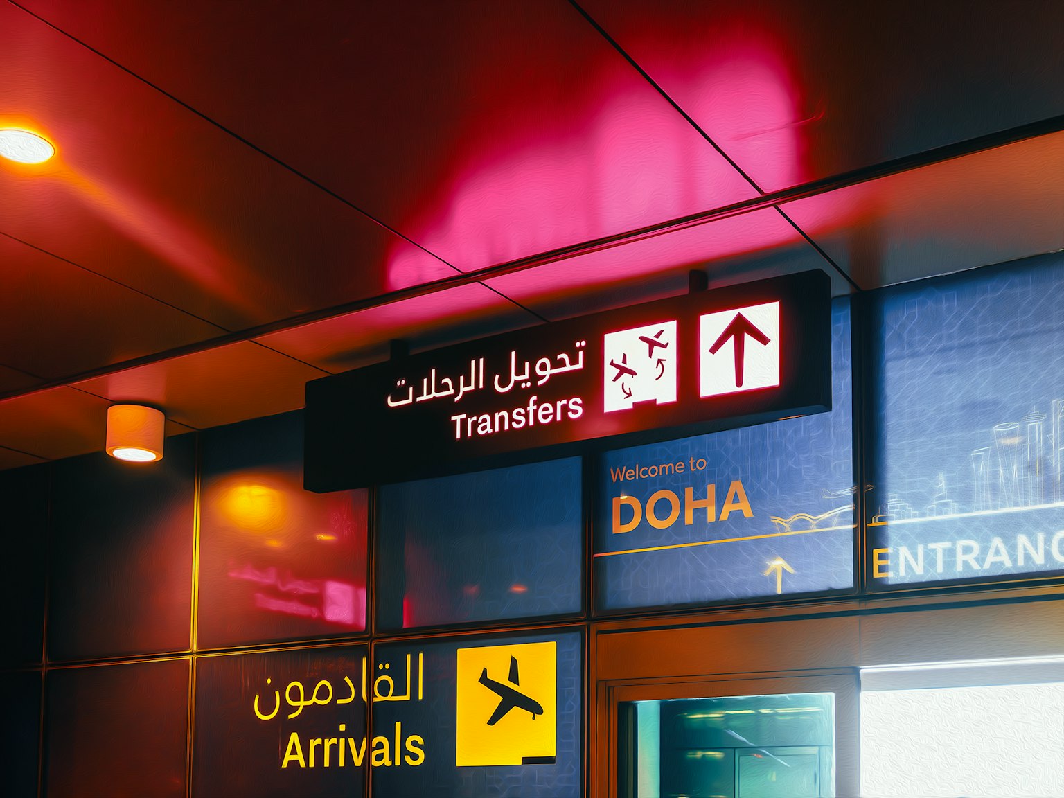 Signalisation des transferts et des arrivées à l'aéroport de Doha
