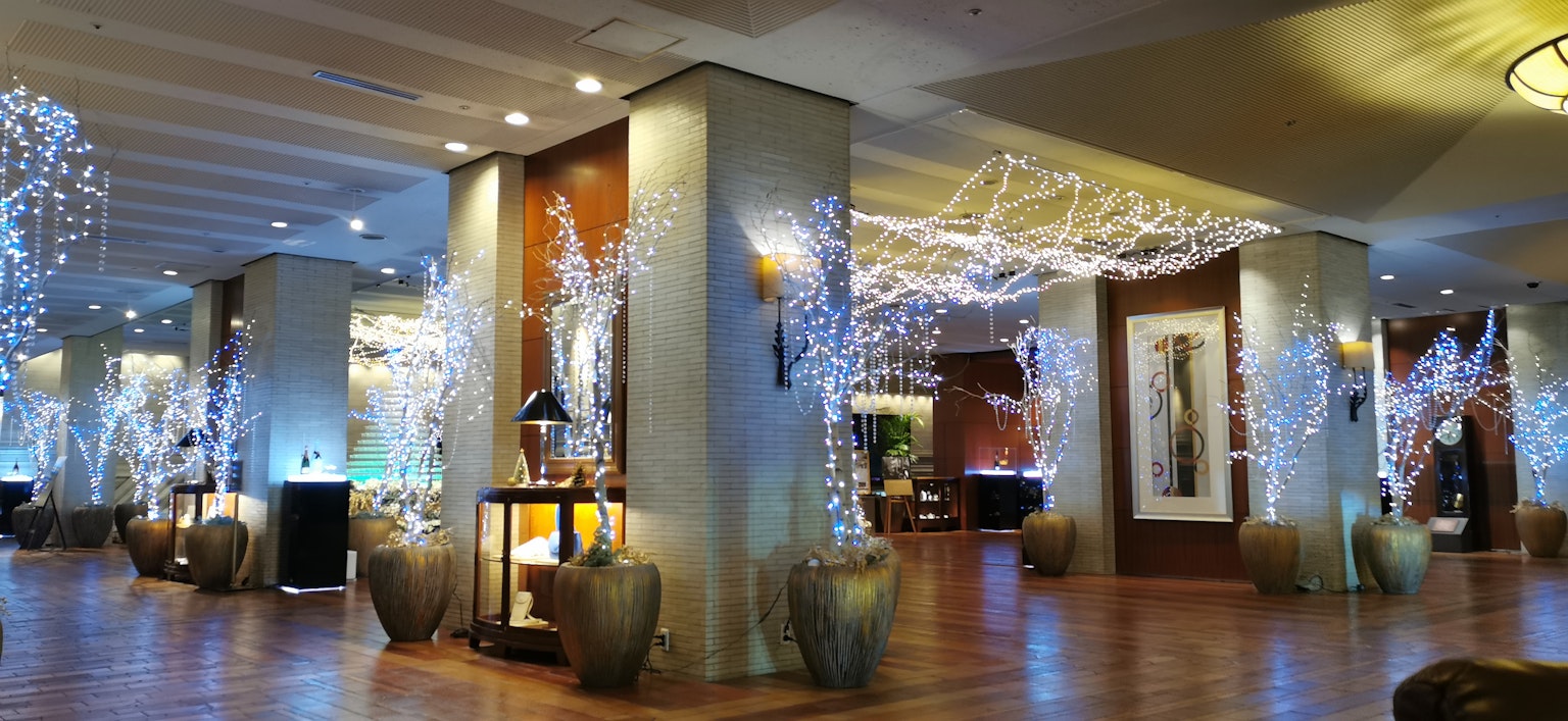 Elegant lobby interior with illuminated trees and art pieces