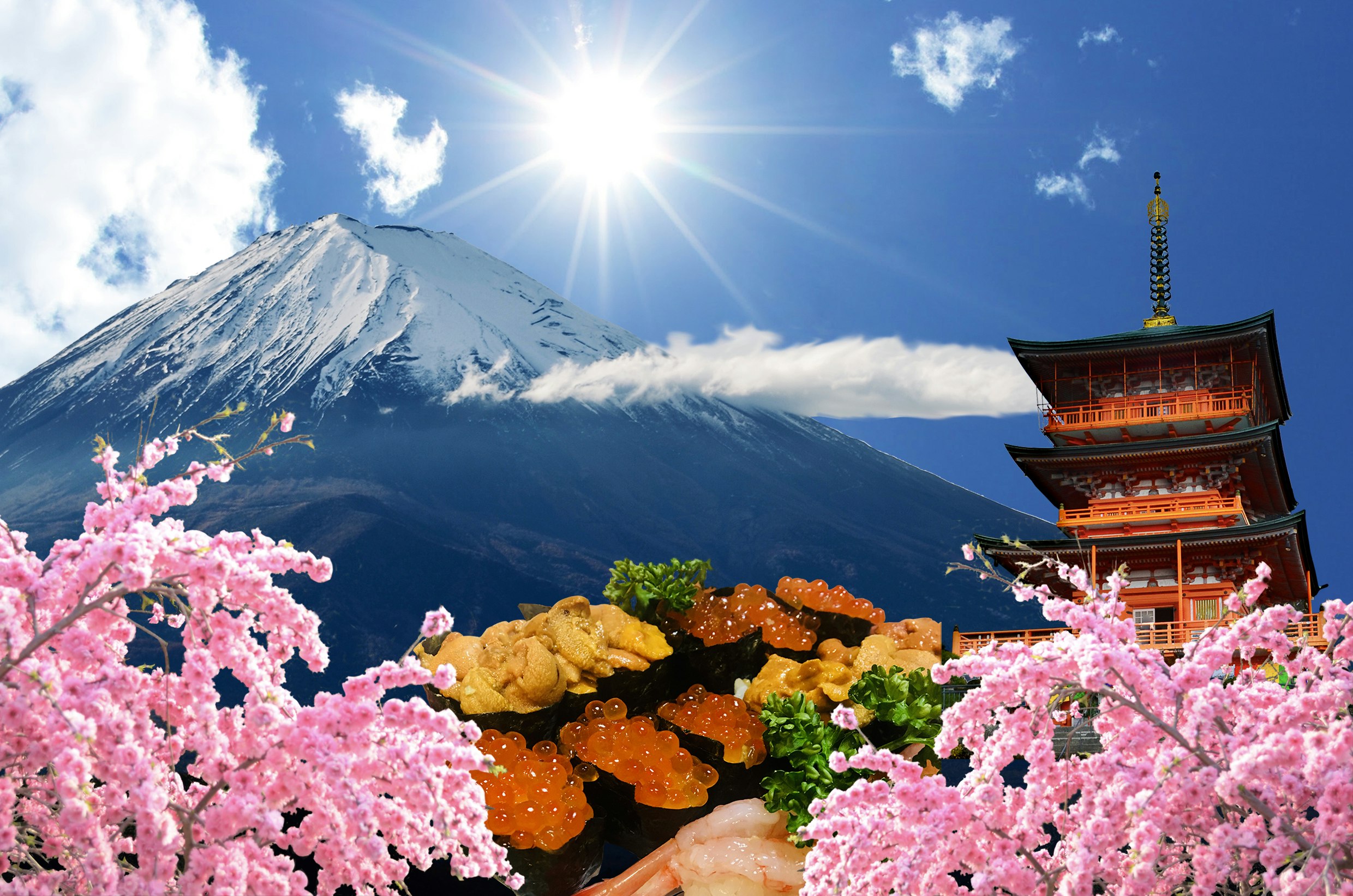 桜の花と五重塔、雪を頂く山を望む景色