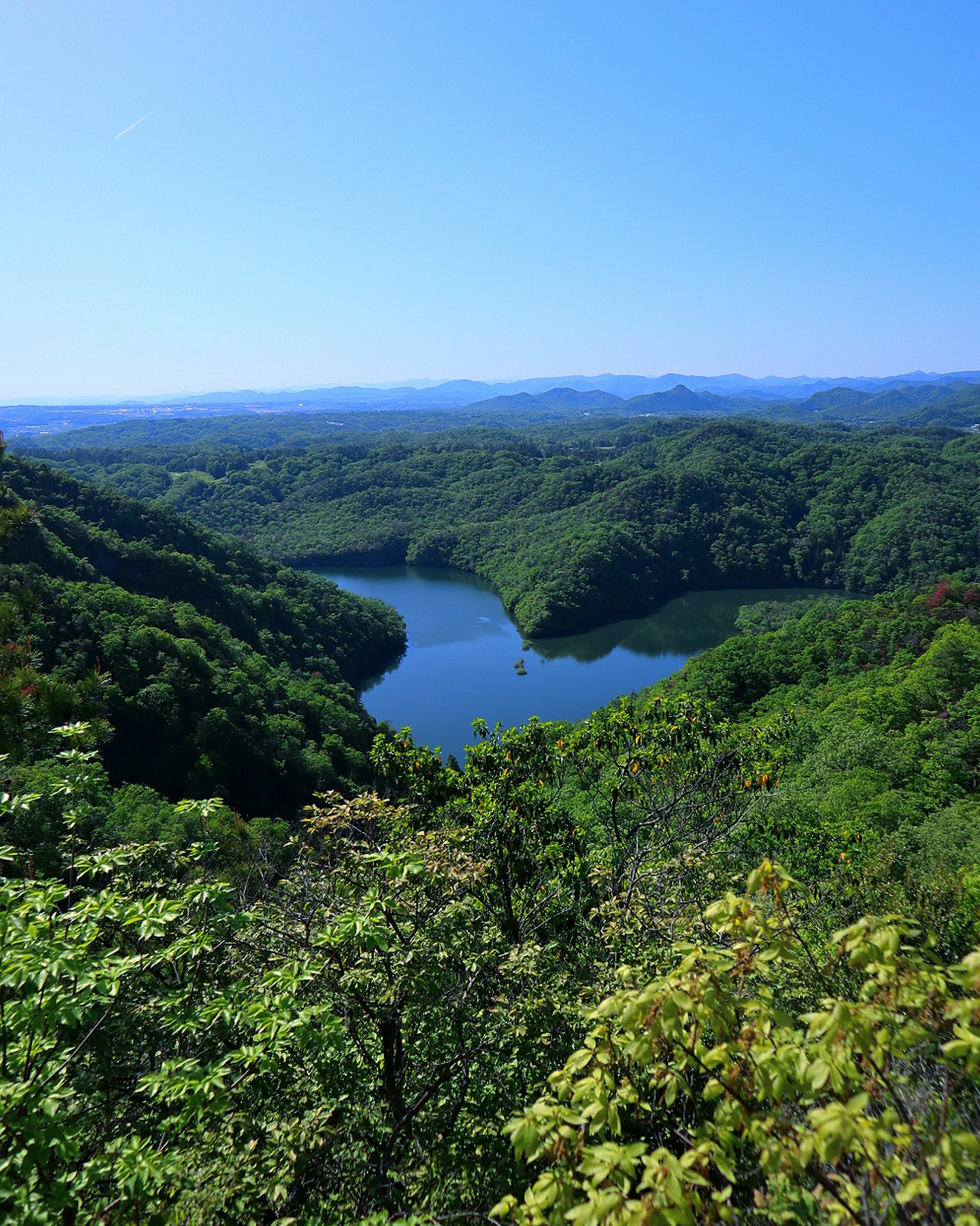 Lake surrounded by lush green hills under a clear blue sky