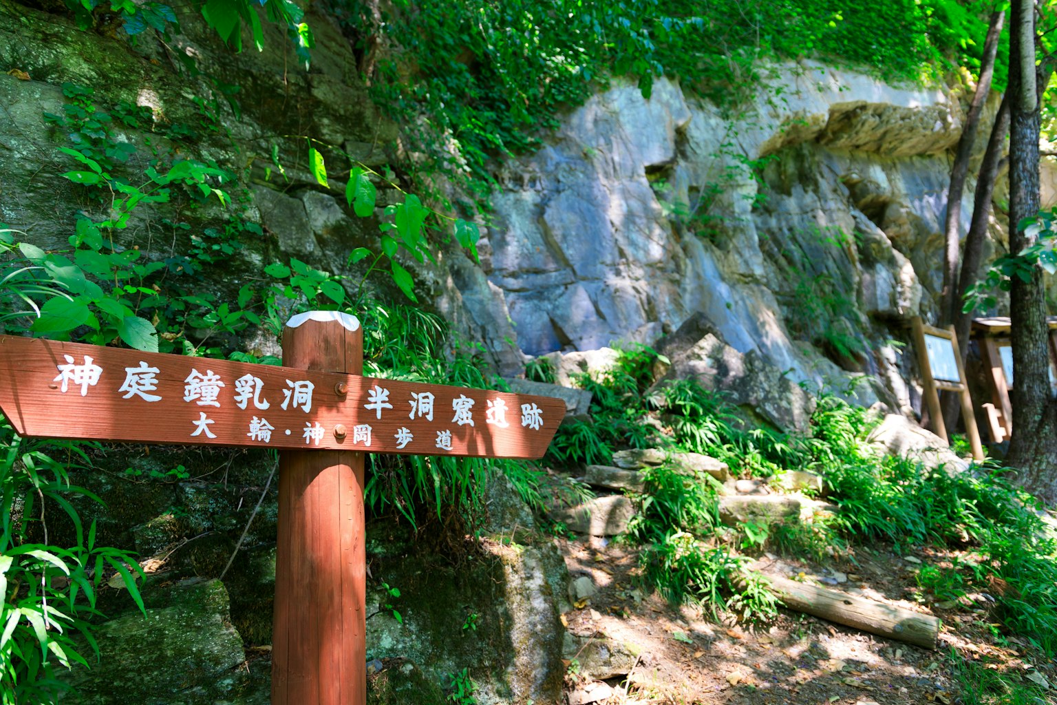 Ein Schild vor einem felsigen Bereich in einem üppigen grünen Wald