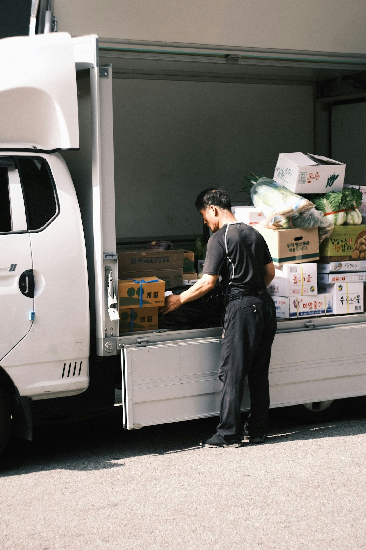 トラックの荷台から段ボールを運ぶ男性の後ろ姿