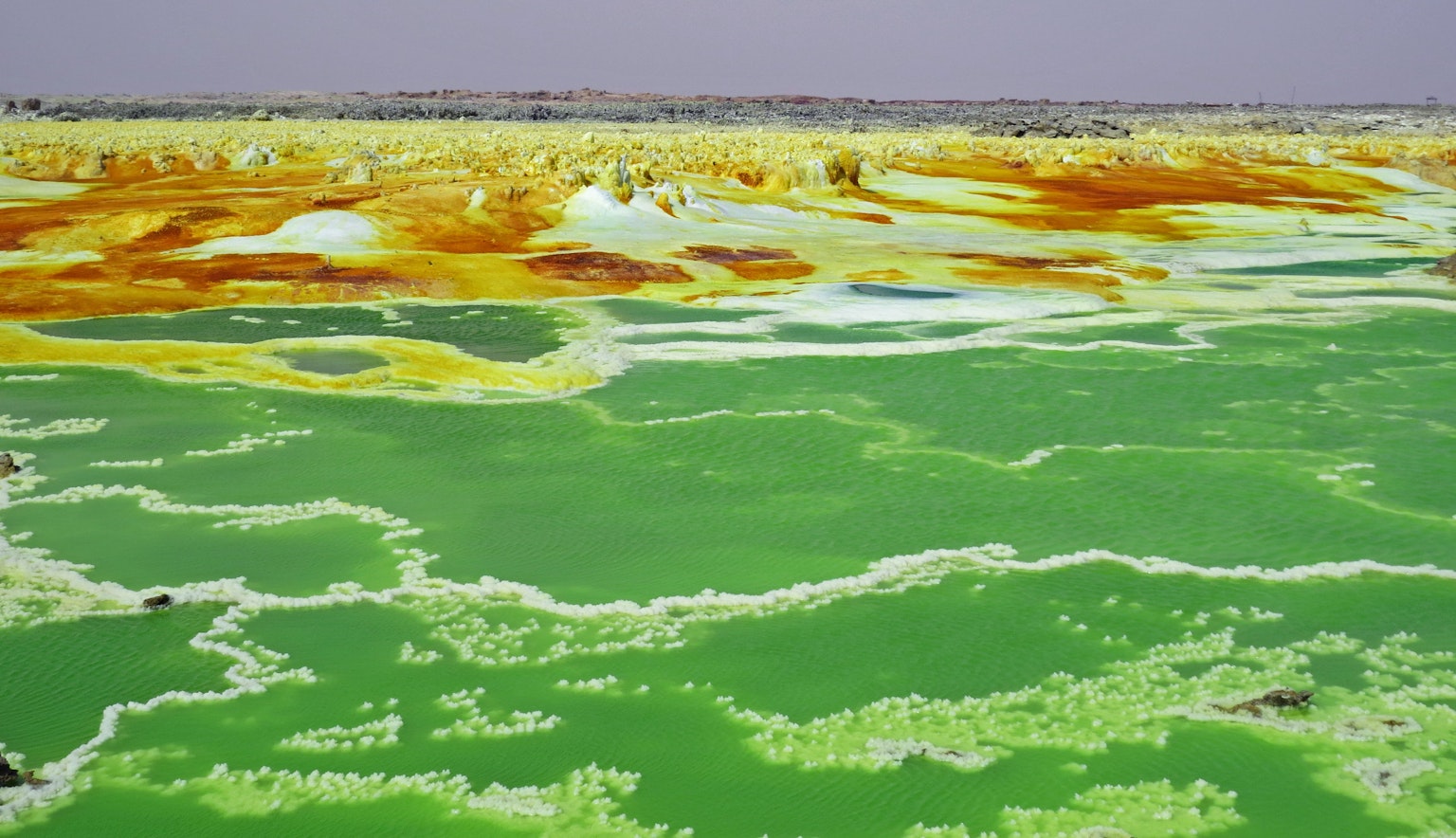 Colorful salt lake landscape with green water surface