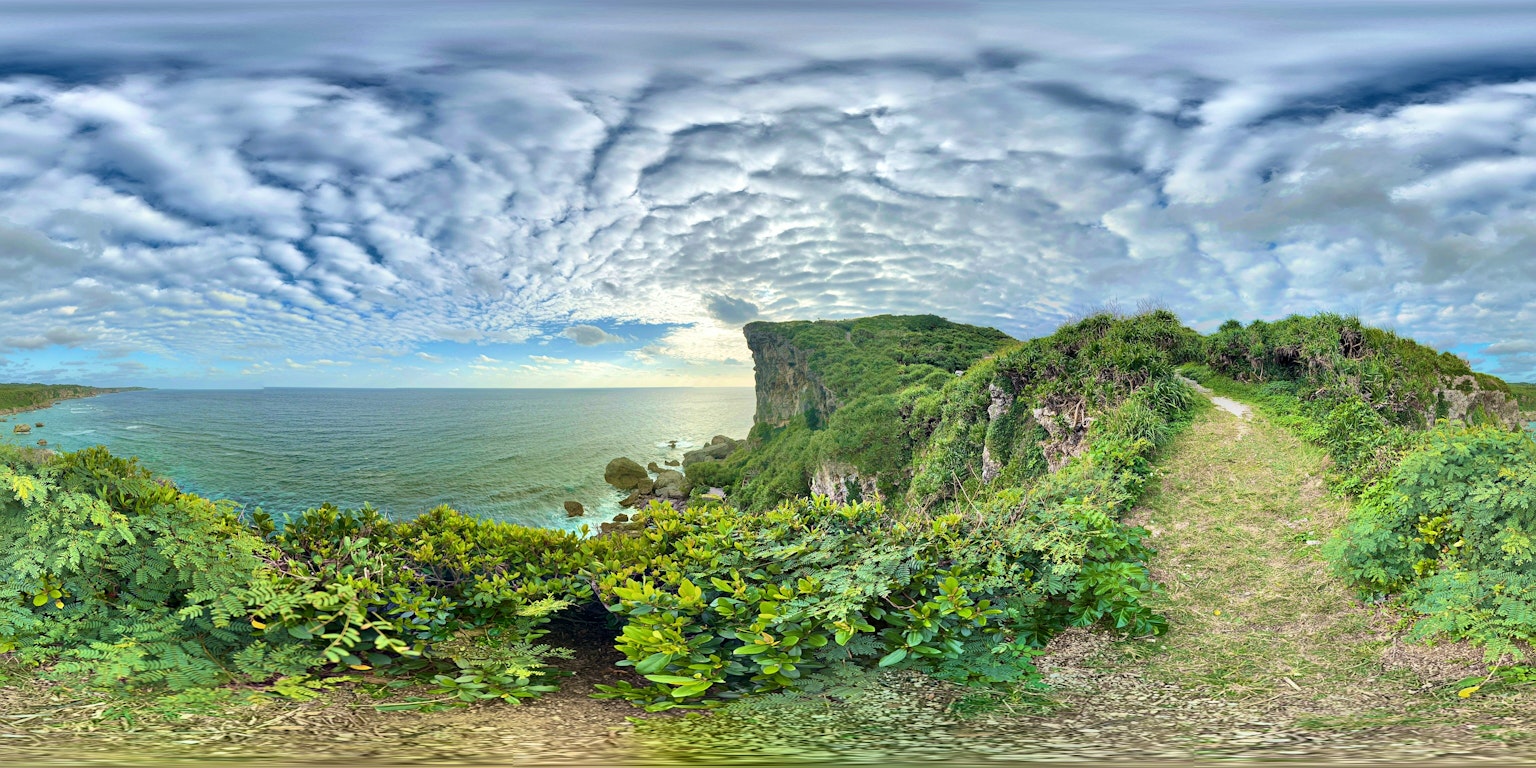 风景如画的海岸景观蓝天和白云郁郁葱葱的植被和通往海边的小径