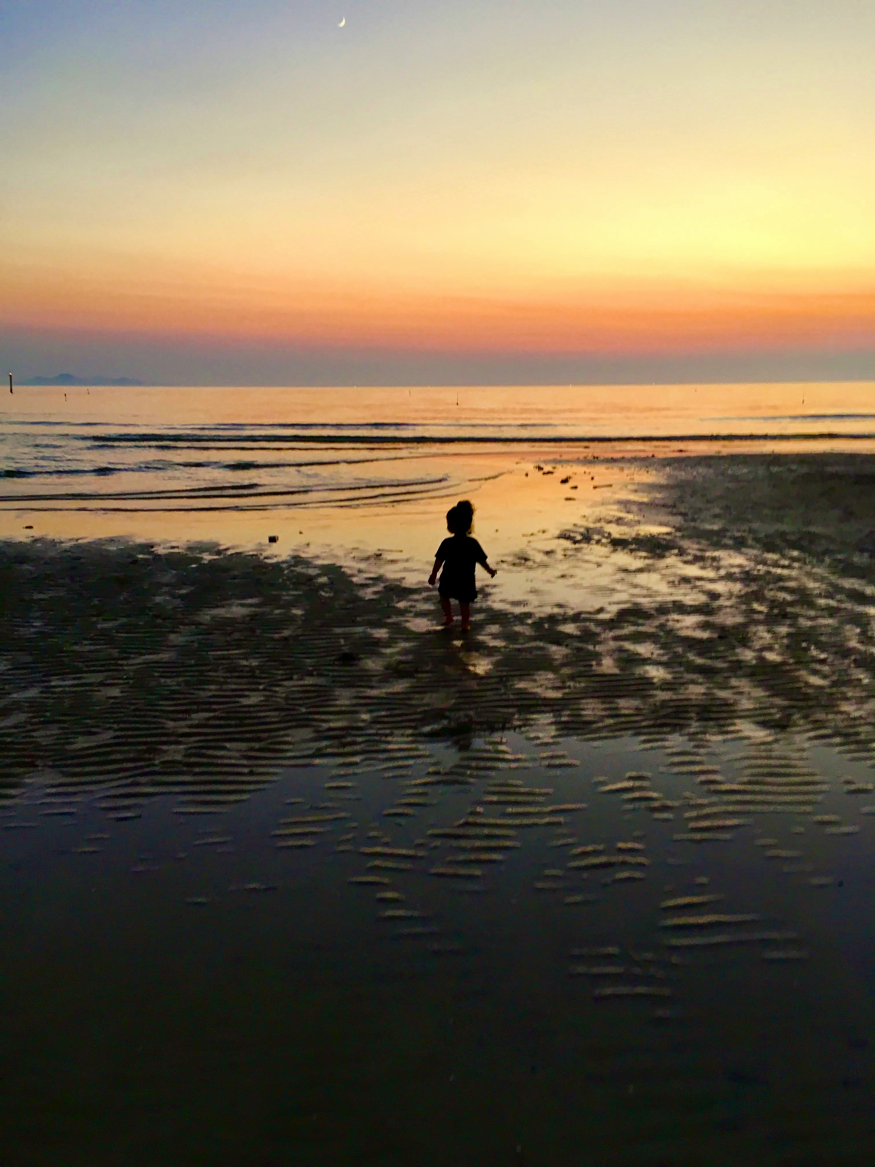 silhouette of a person walking along the beach at sunset
