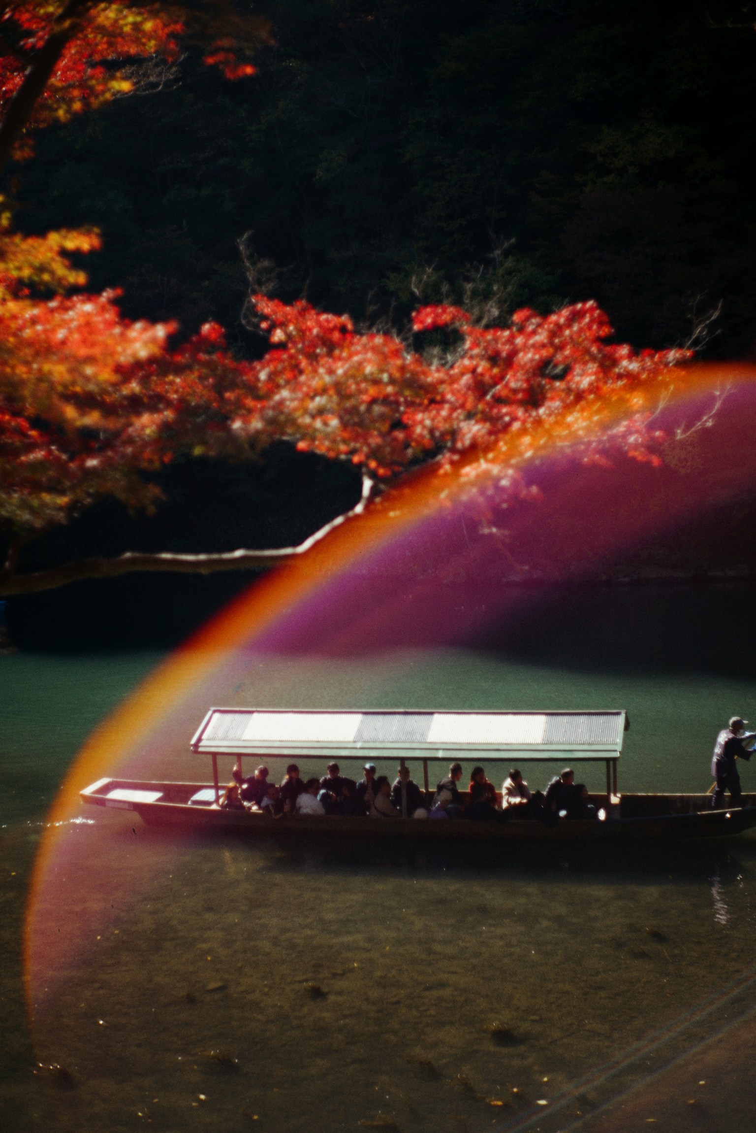 People on a boat near vibrant autumn foliage