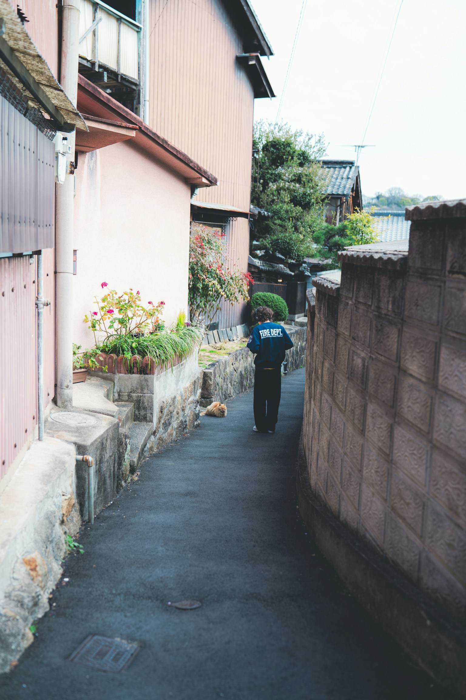 A person walking down a narrow alley with surrounding houses and flowers