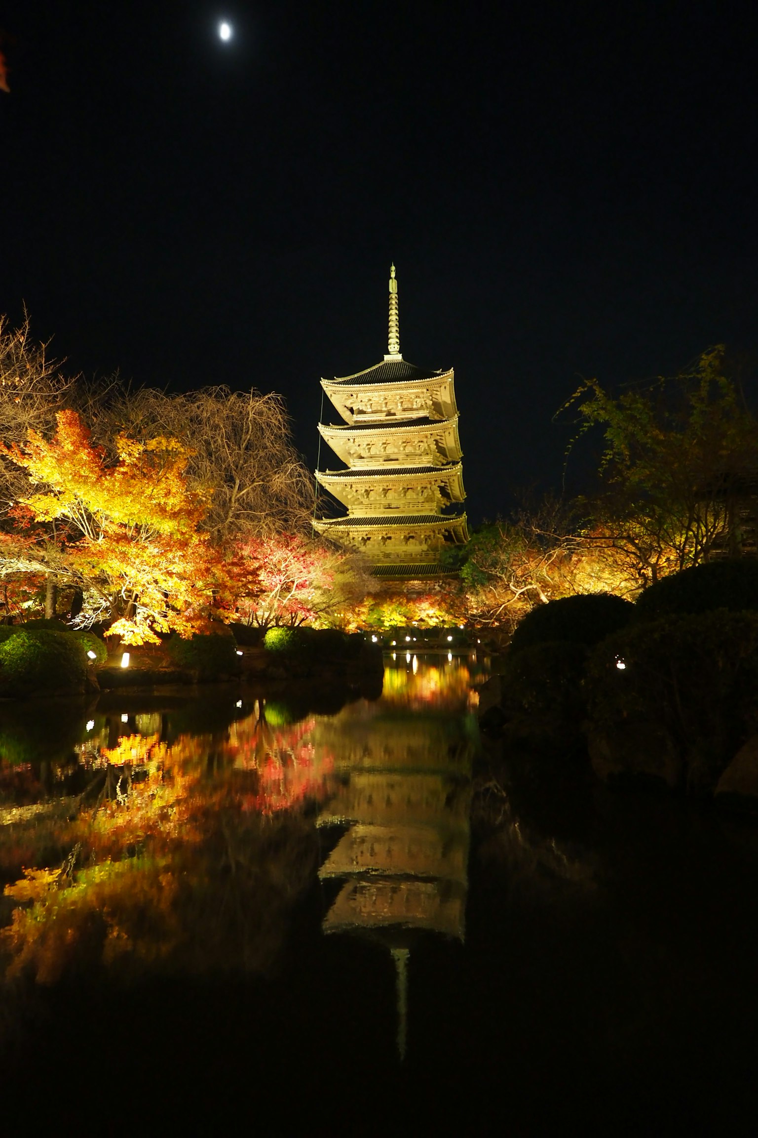 Beautiful view of a pagoda reflecting in water surrounded by autumn foliage at night