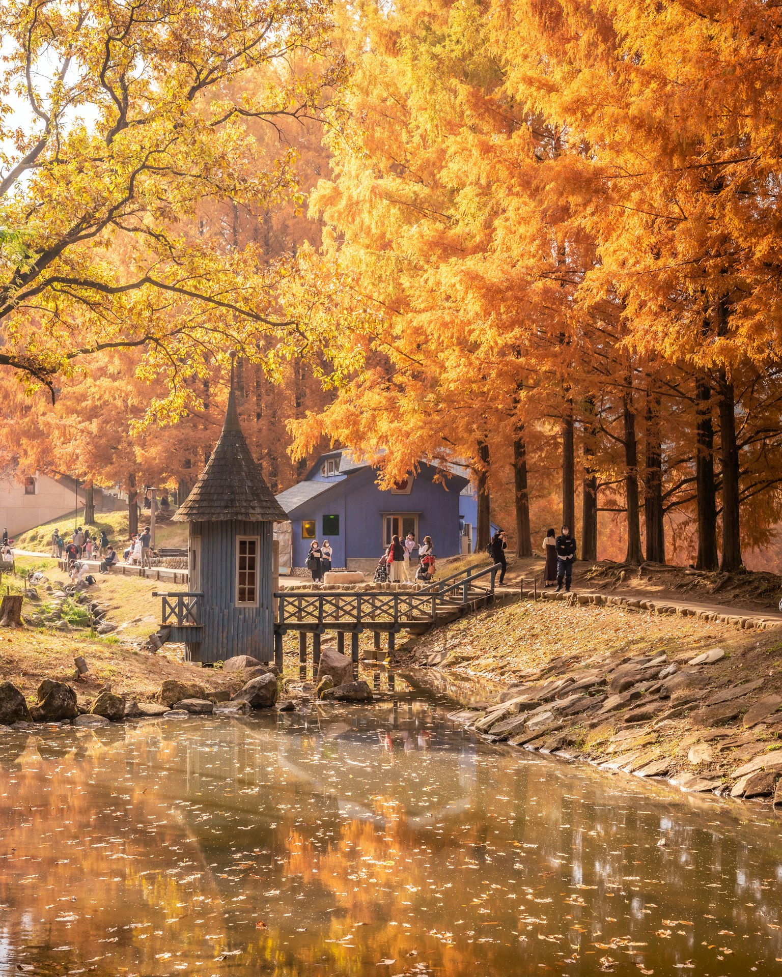 Malersches Herbstlandschaft mit einer blauen Hütte und einem Teich