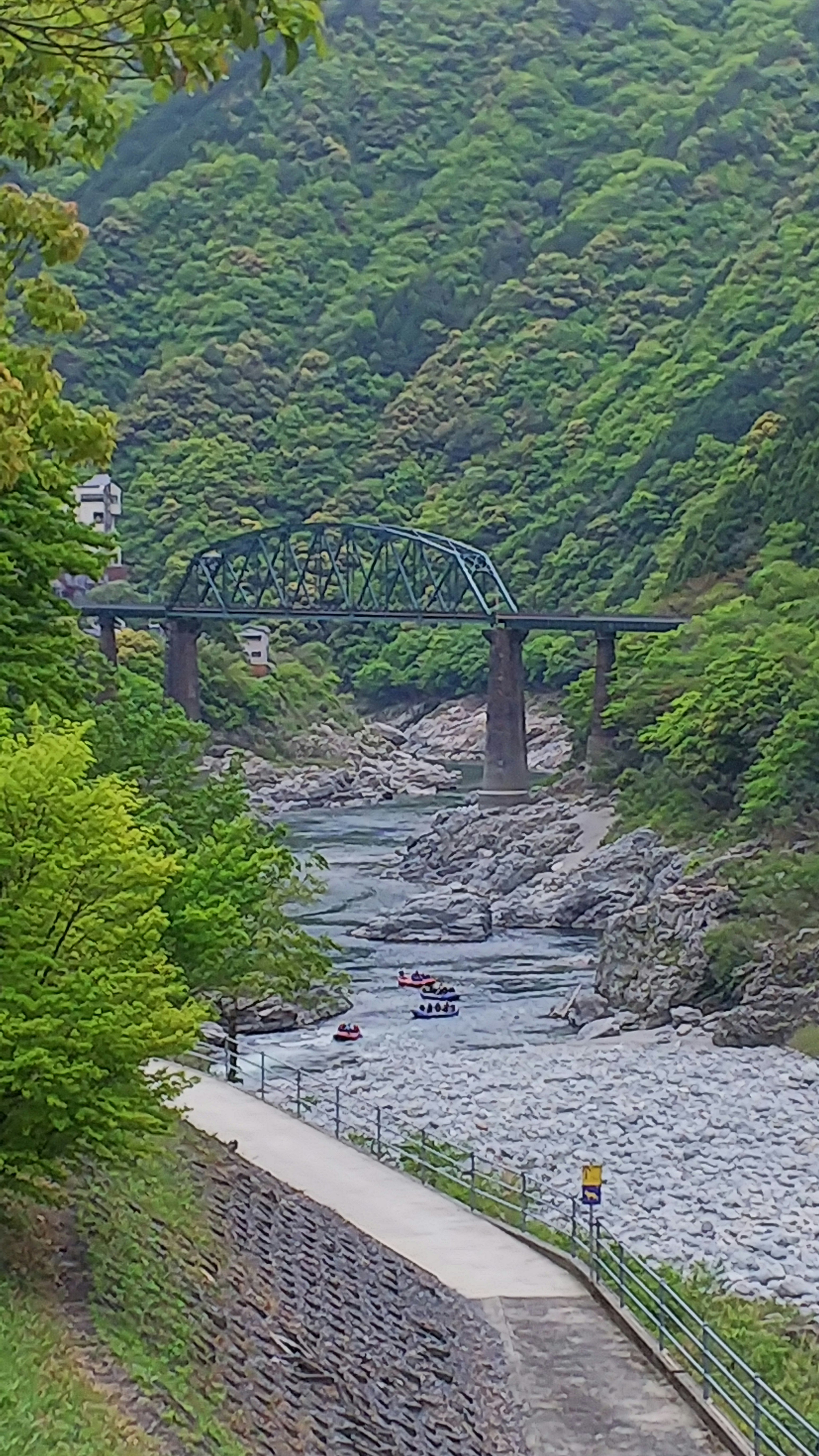 大歩危の吉野川を渡る鉄橋とラフティングの風景