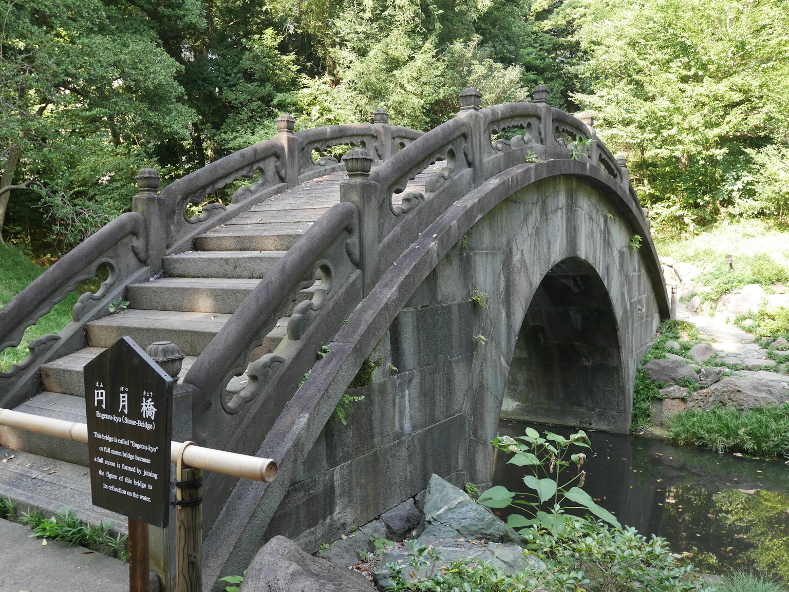 Traditionelle, gewölbte Steinbrücke umgeben von üppigem Grün