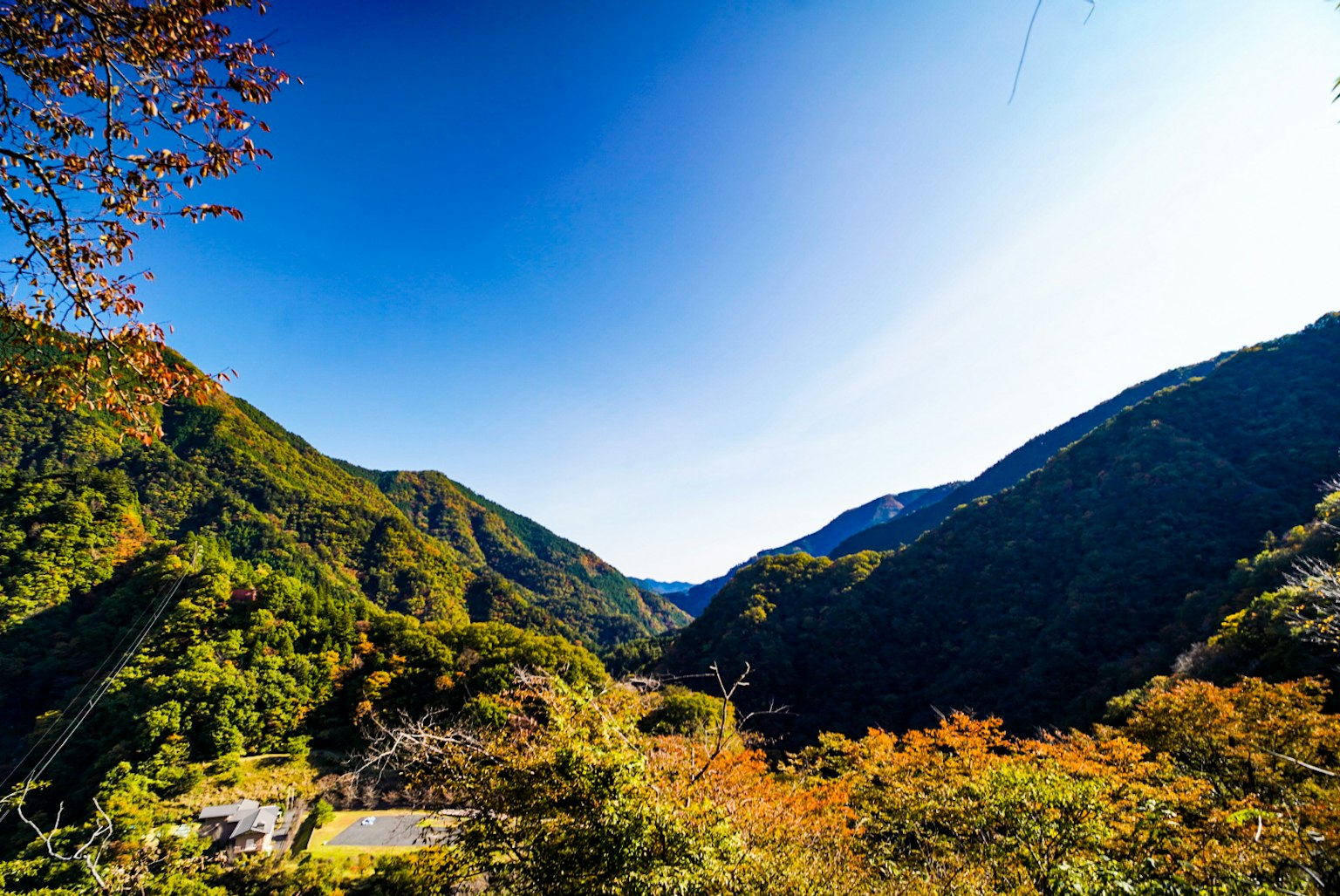 Scenic view of green mountains under a clear blue sky