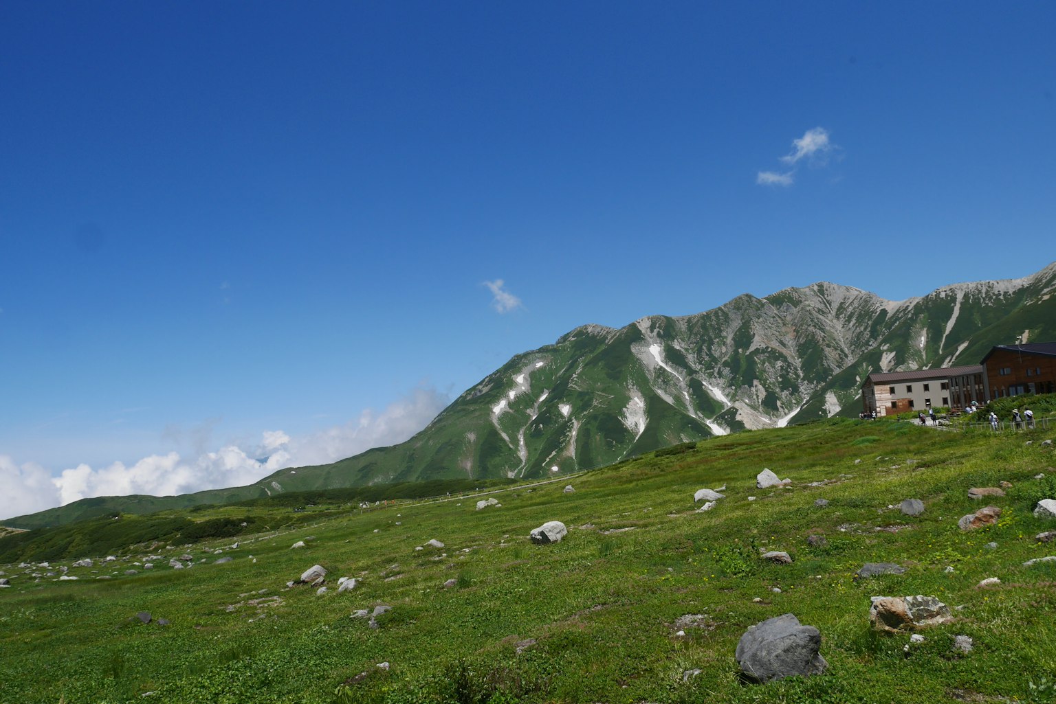 Scenic view of green meadow under blue sky with mountains and a building