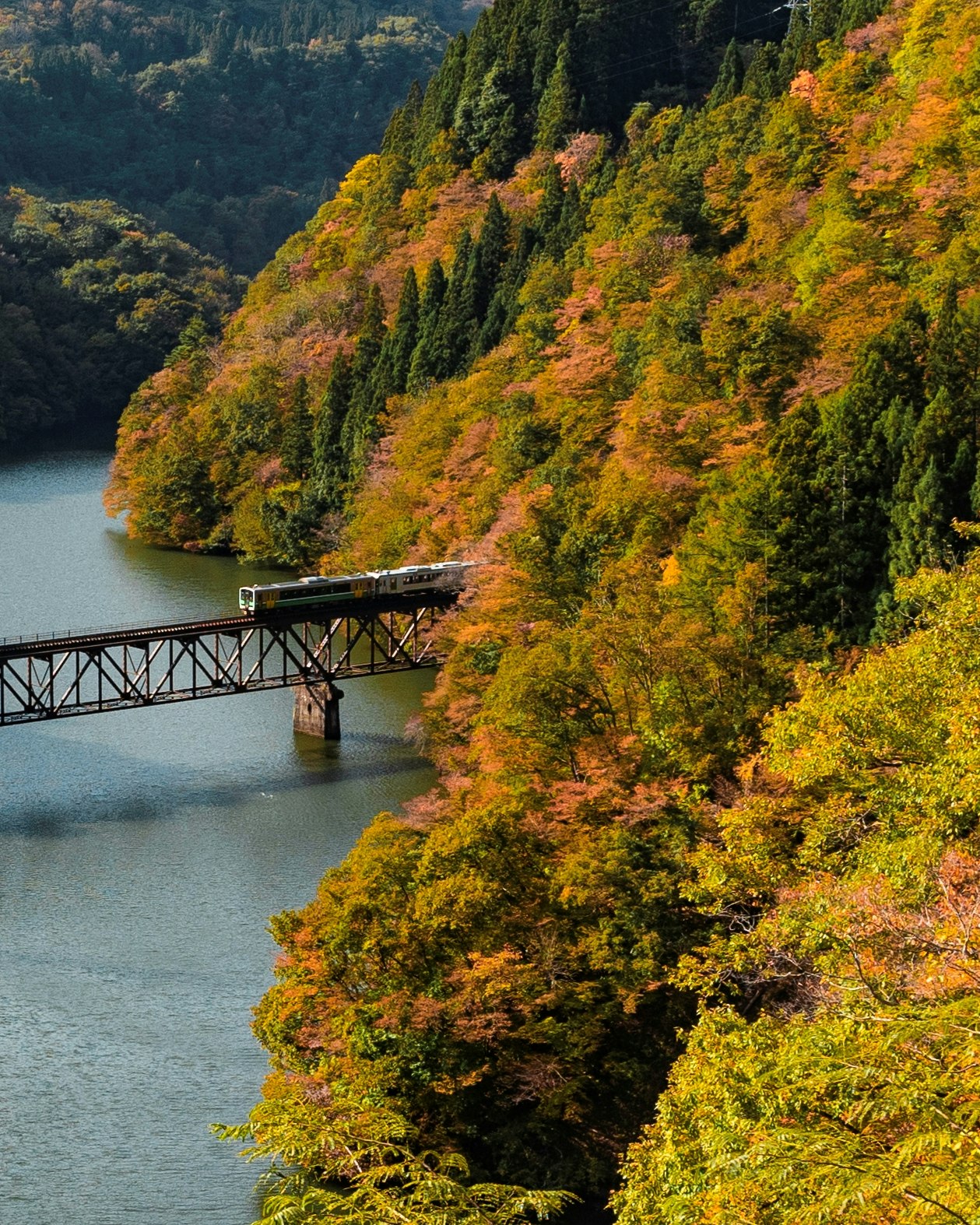 川沿いの鉄橋と紅葉の山並み