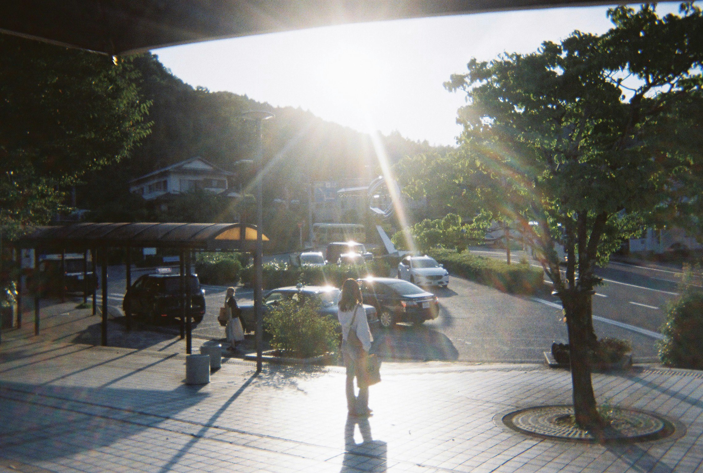 夕暮れの並木道を歩く人と駐車車両のある広場