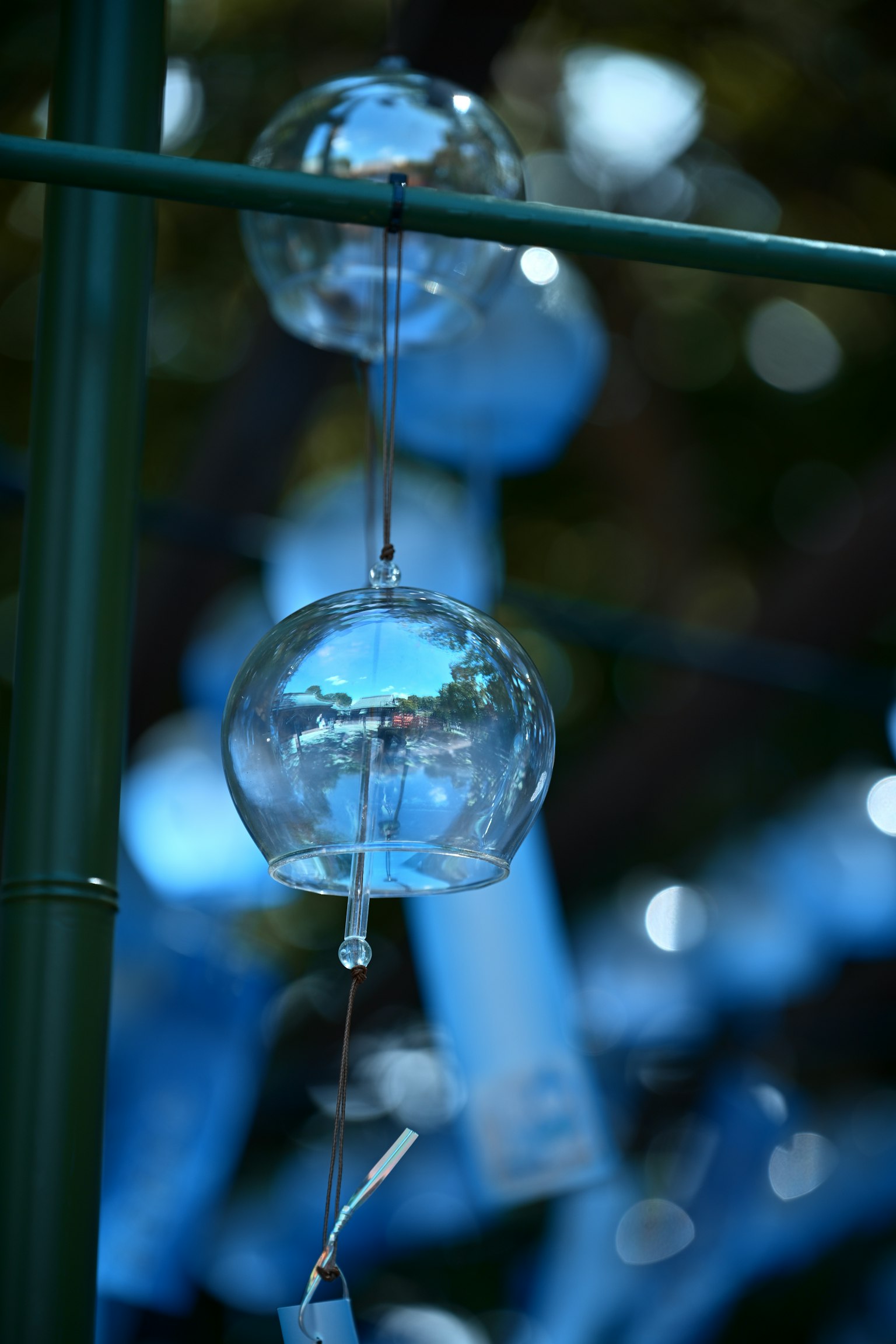 Campane di vetro blu appese in un ambiente sereno