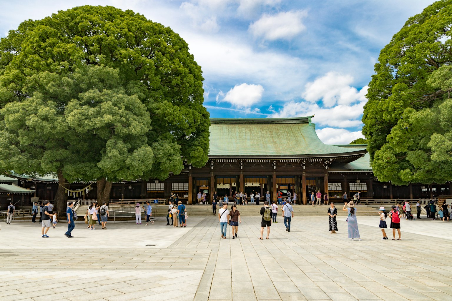 Visitantes en el Santuario Meiji rodeados de grandes árboles bajo un cielo azul