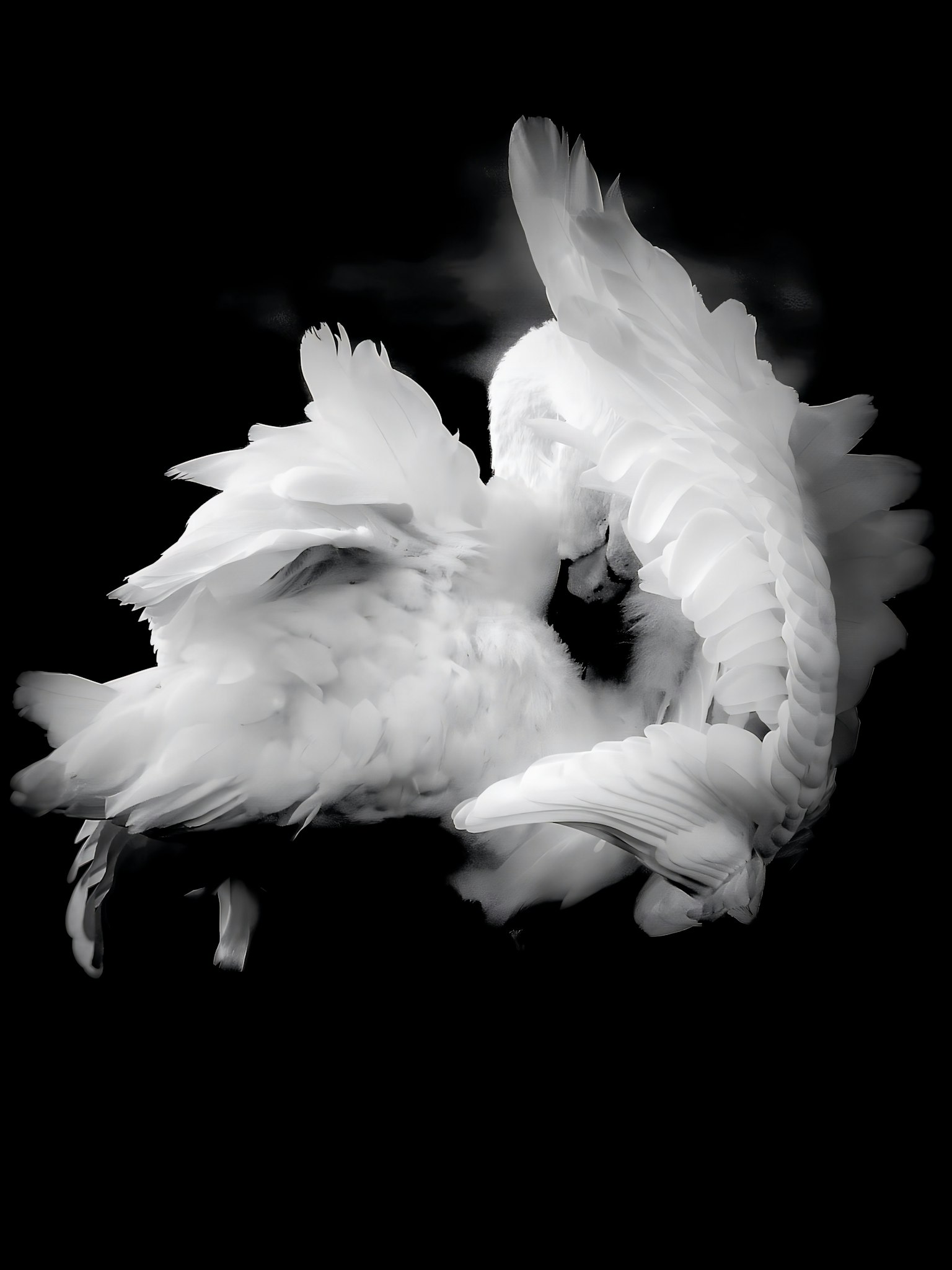 白い鳥と魚が絡み合う幻想的なイメージ