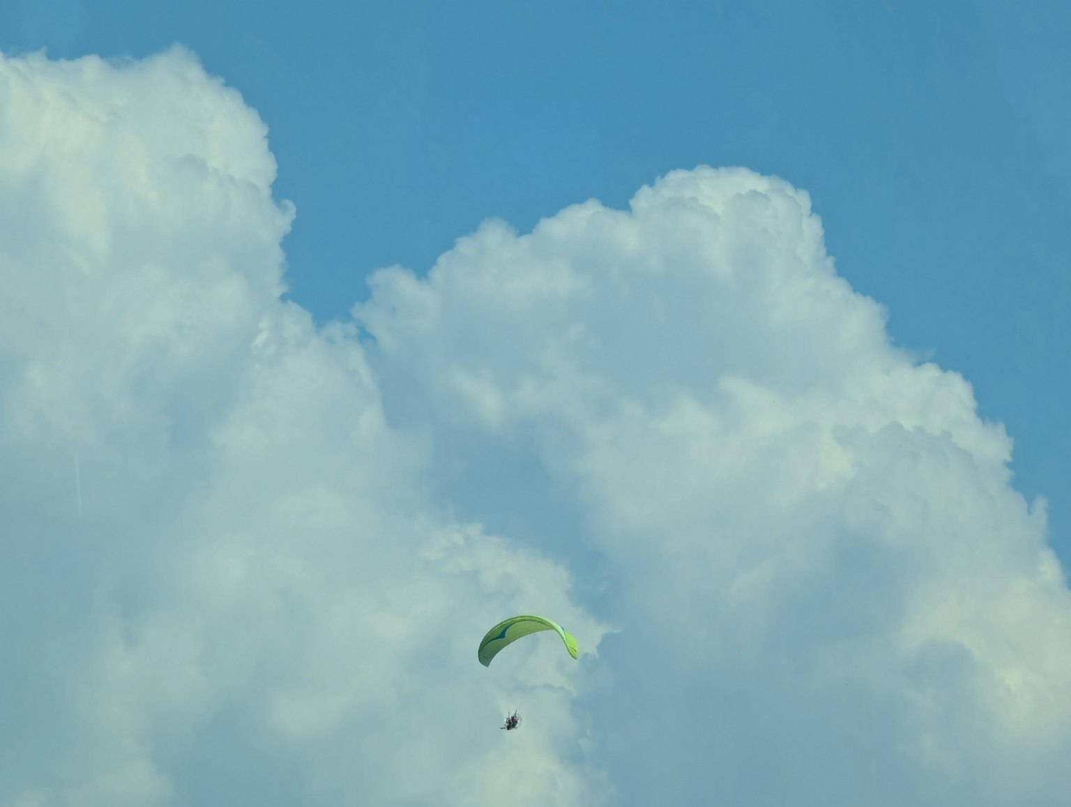 Paralayang hijau terbang di bawah langit biru dengan awan putih berbulu