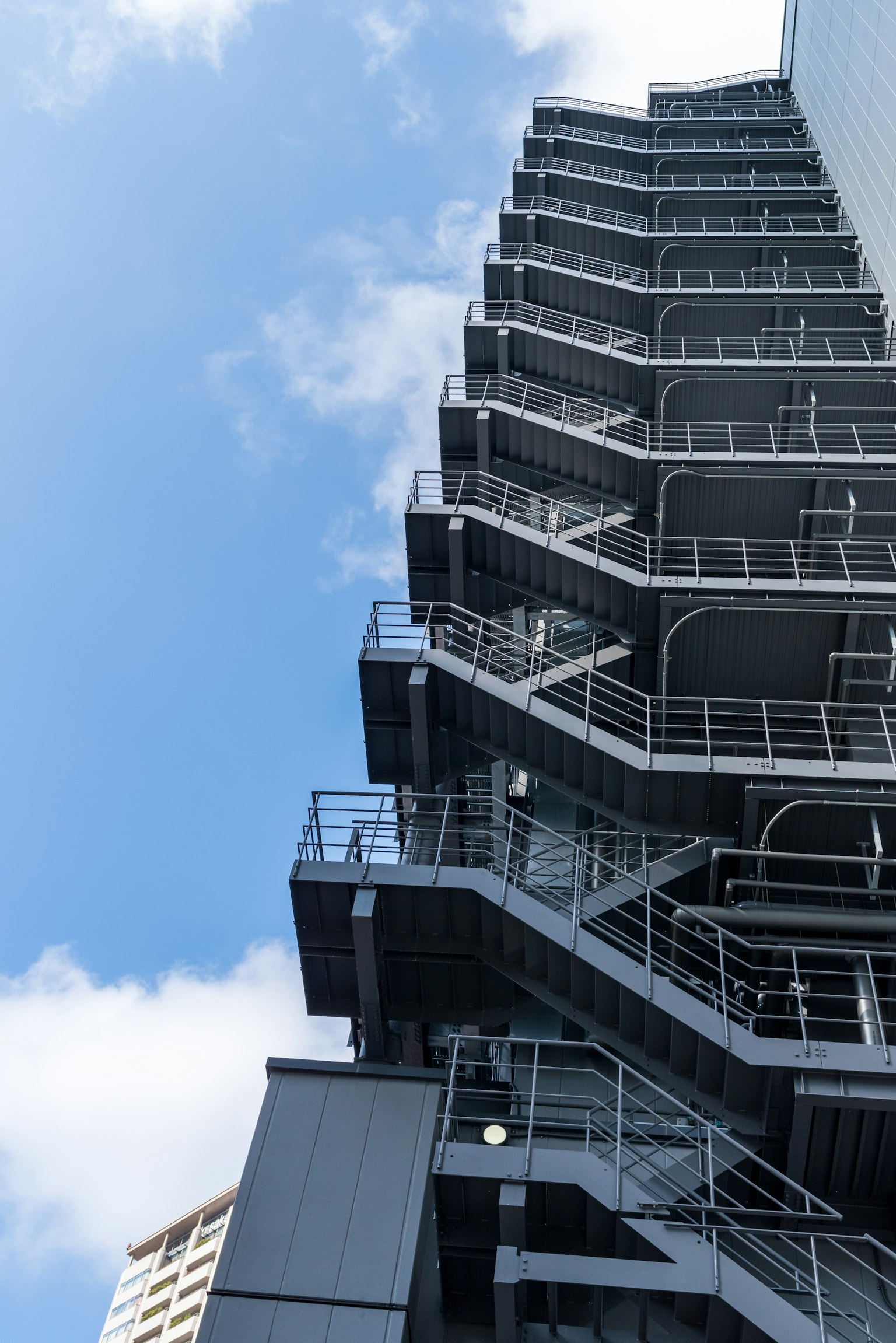 Metal staircase structure on the exterior of a high-rise building