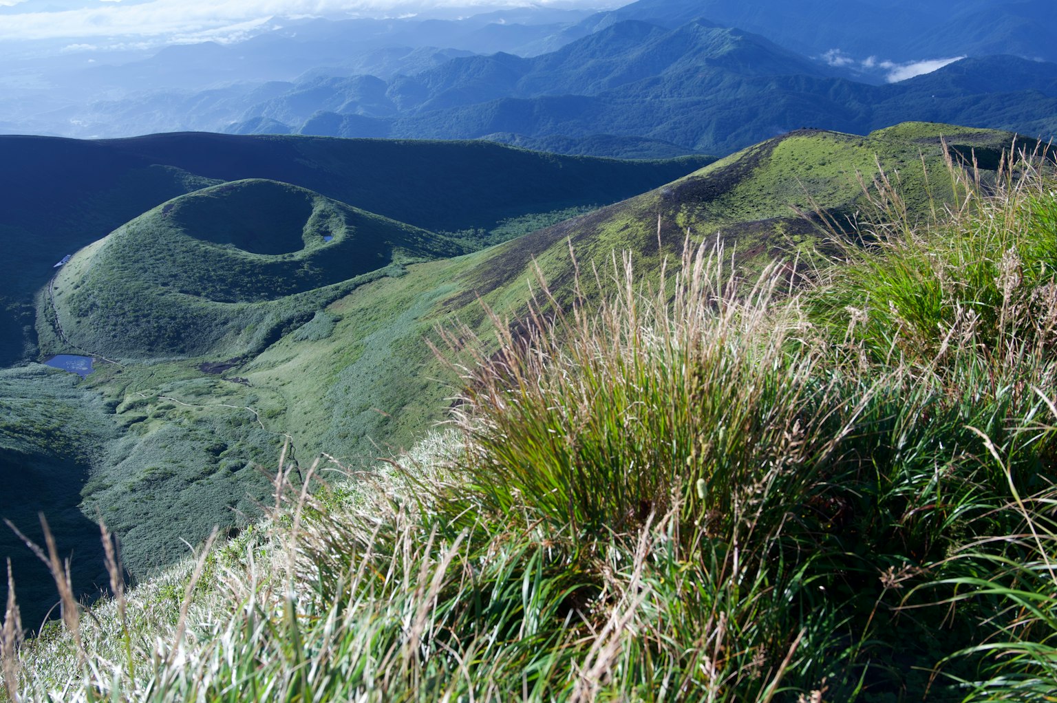 Landschaft mit grünem Gras und Bergen