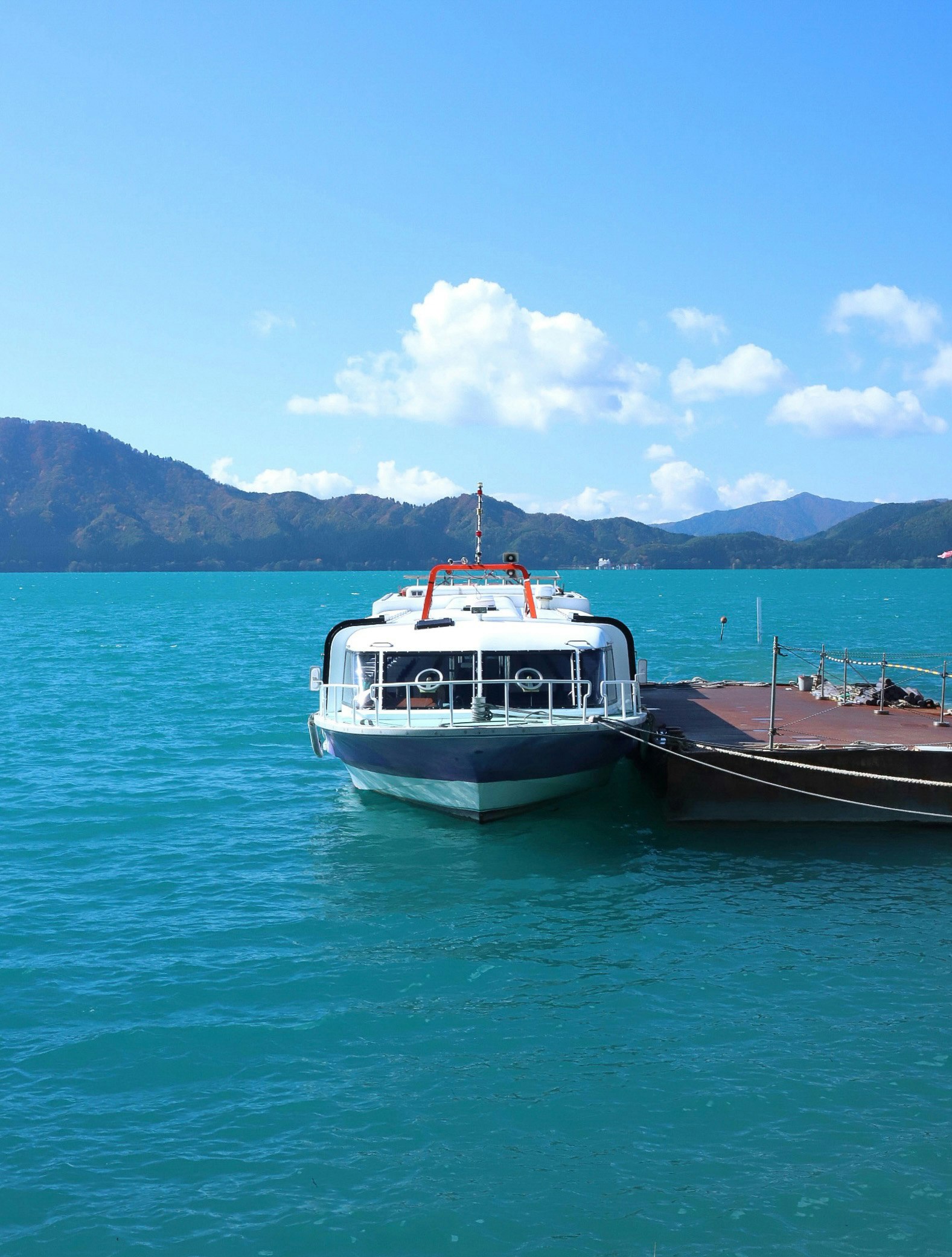 蓝色海水中的白色船只与码头港湾景