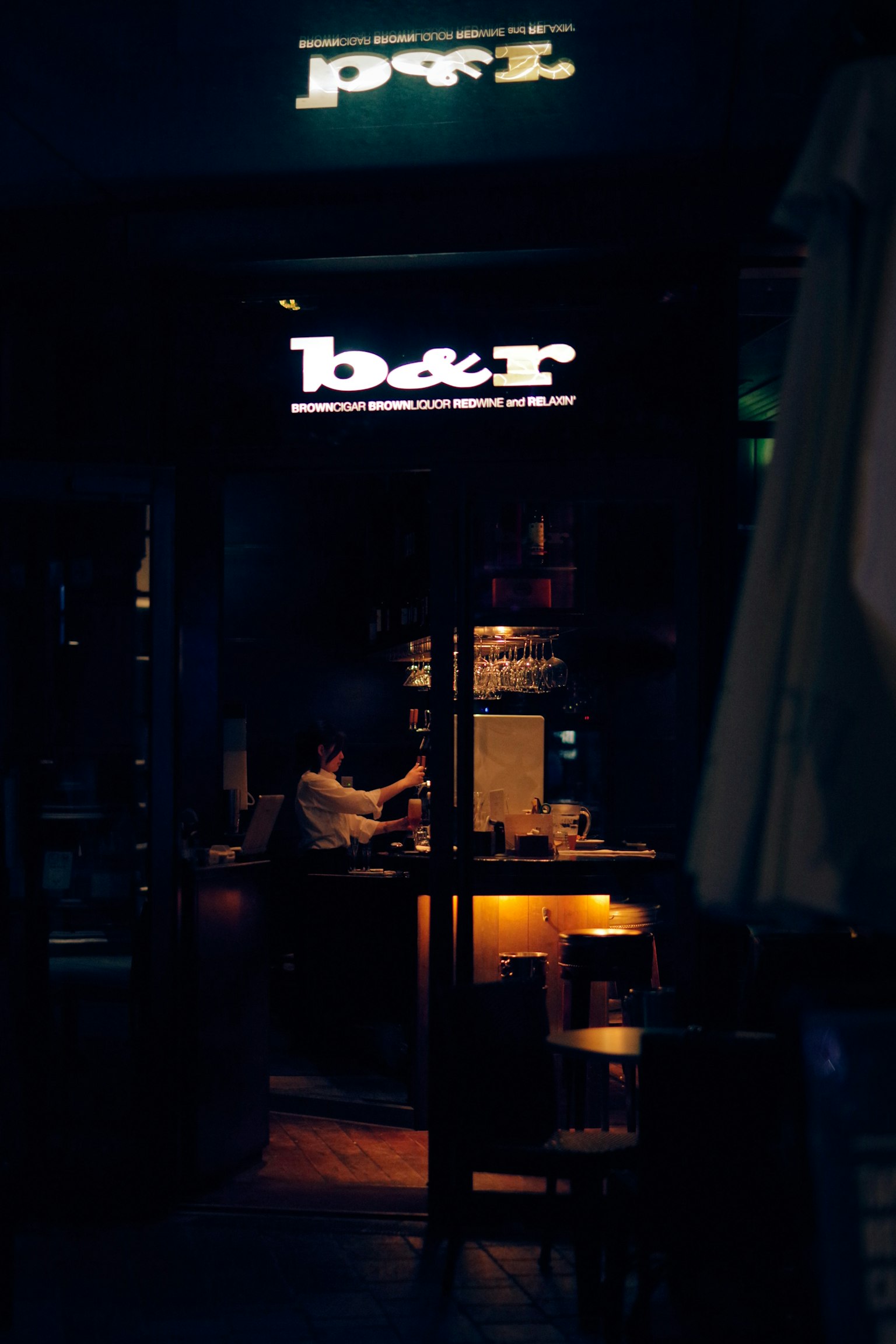 昏暗酒吧內部有調酒師和b&r標誌