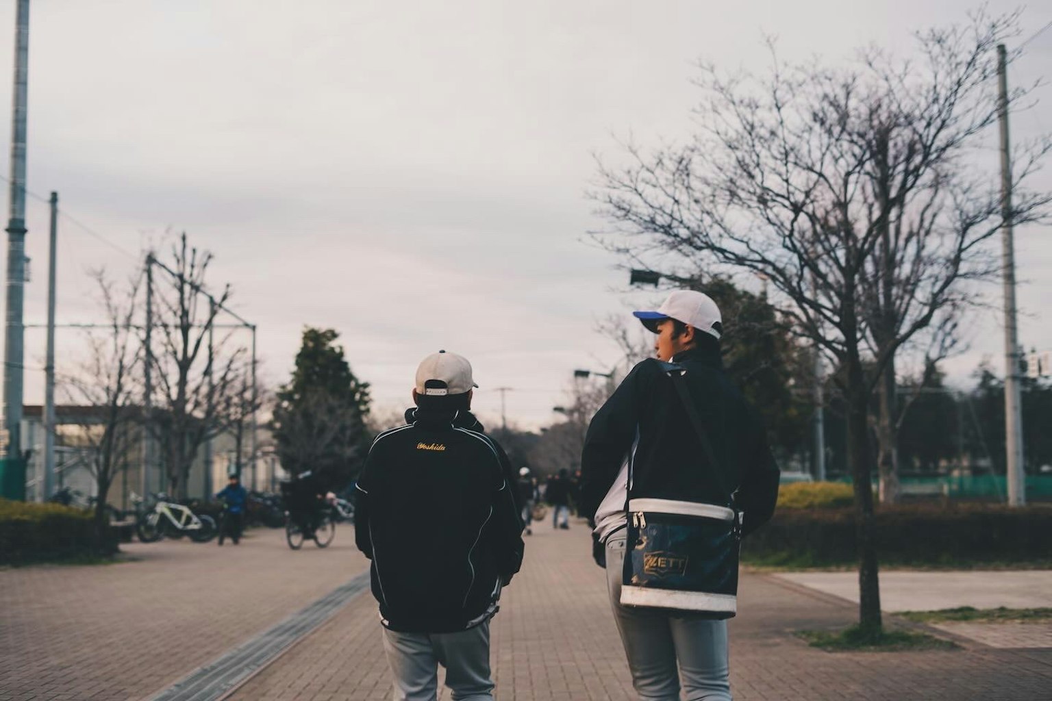 Two people walking down a park pathway seen from behind