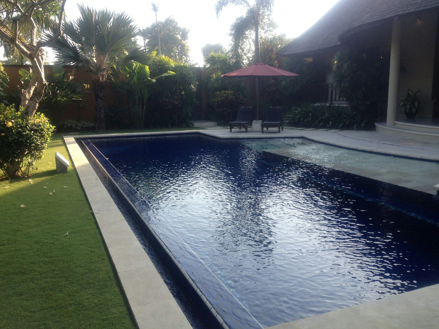 Scenic backyard with a beautiful swimming pool green grass and a red umbrella