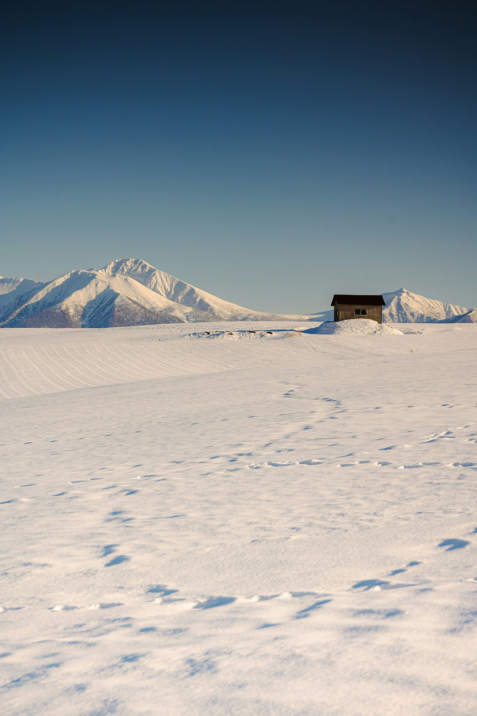 Ampio paesaggio innevato con montagne lontane e una piccola baita in una scena invernale serena